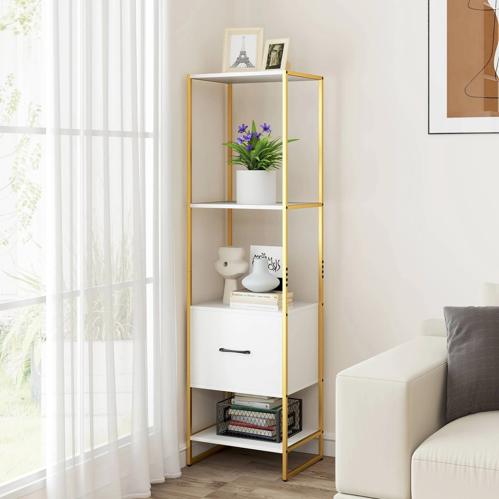 2 Costway 5-Tier Metal Frame Bookshelf Bookcase w/Drawer Tall Narrow Shelves Storage Organizer - White, 2 of 4
