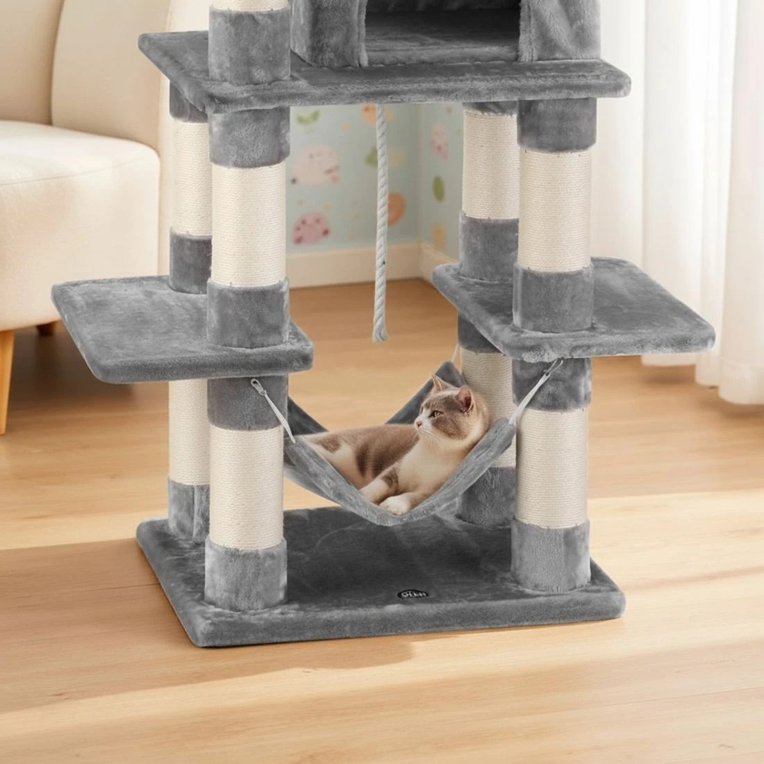 6 i.Pet Cat Tree 145cm Tower Scratching Post Trees Scratcher Condo House - Grey, 6 of 7