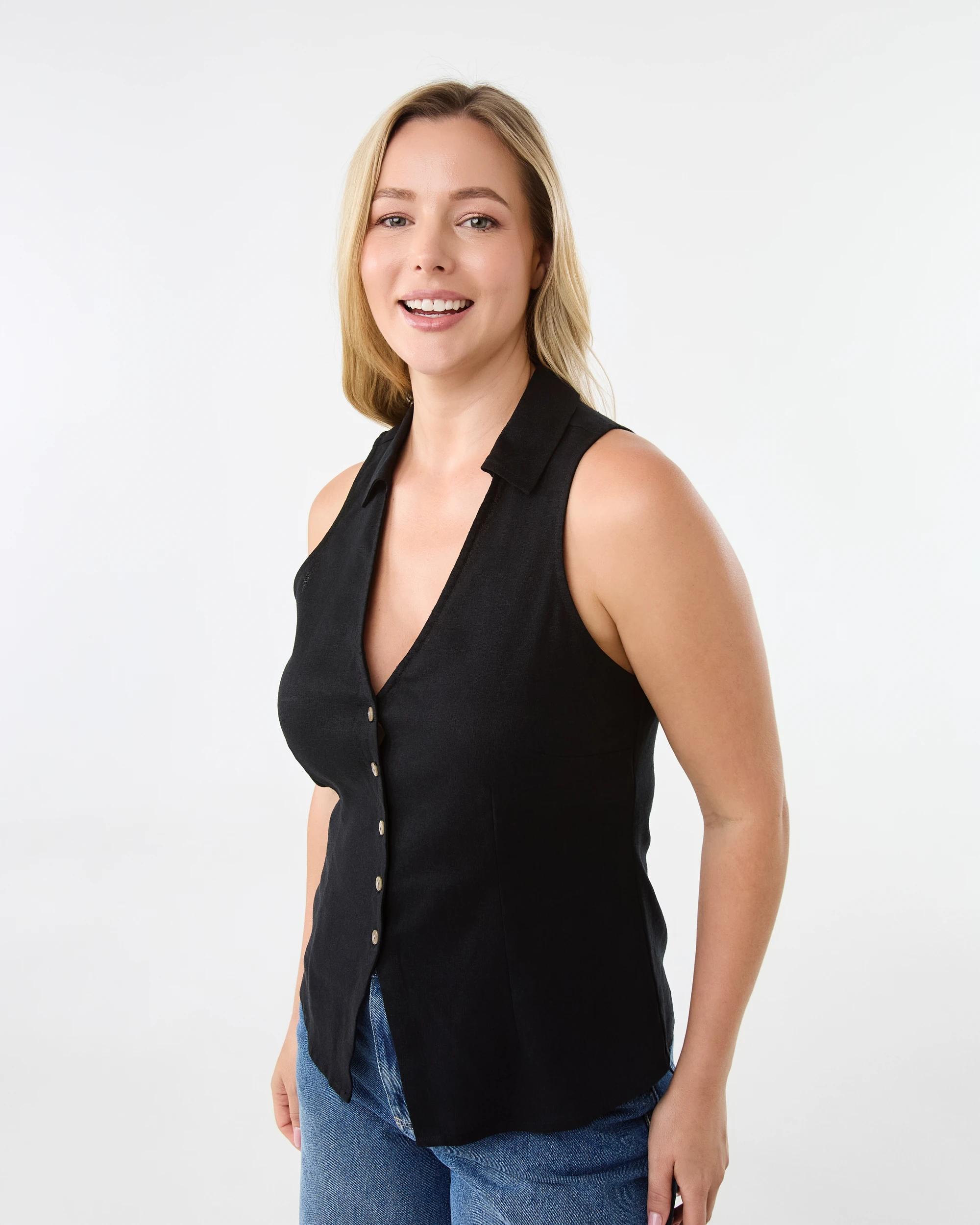 2 Sleeveless Collared Linen Blend Button Top Black, 2 of 7