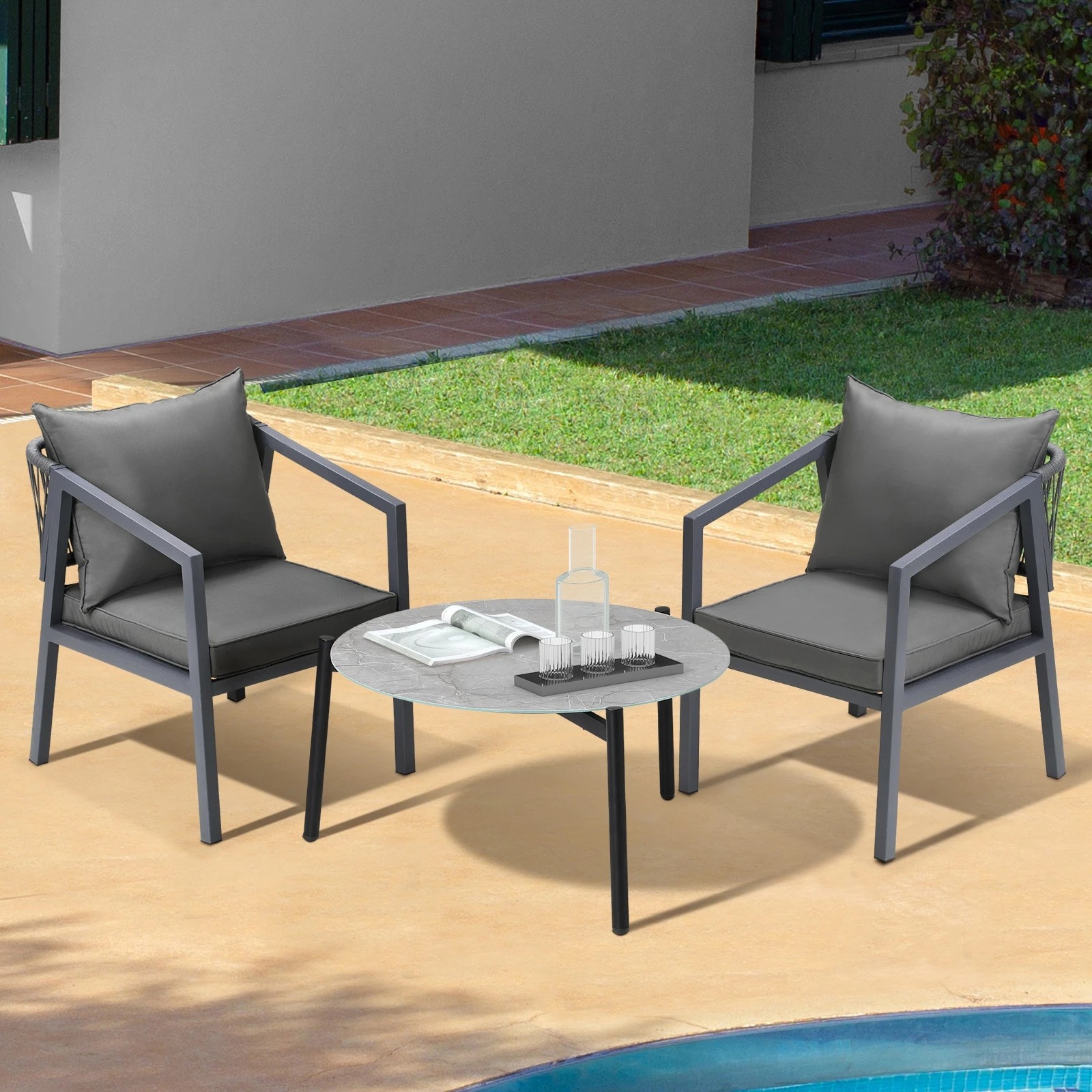 3 Livsip 3PCS Outdoor Patio Setting Furniture Lounge Set Grey 70cm Coffee Table - Multi, 3 of 9
