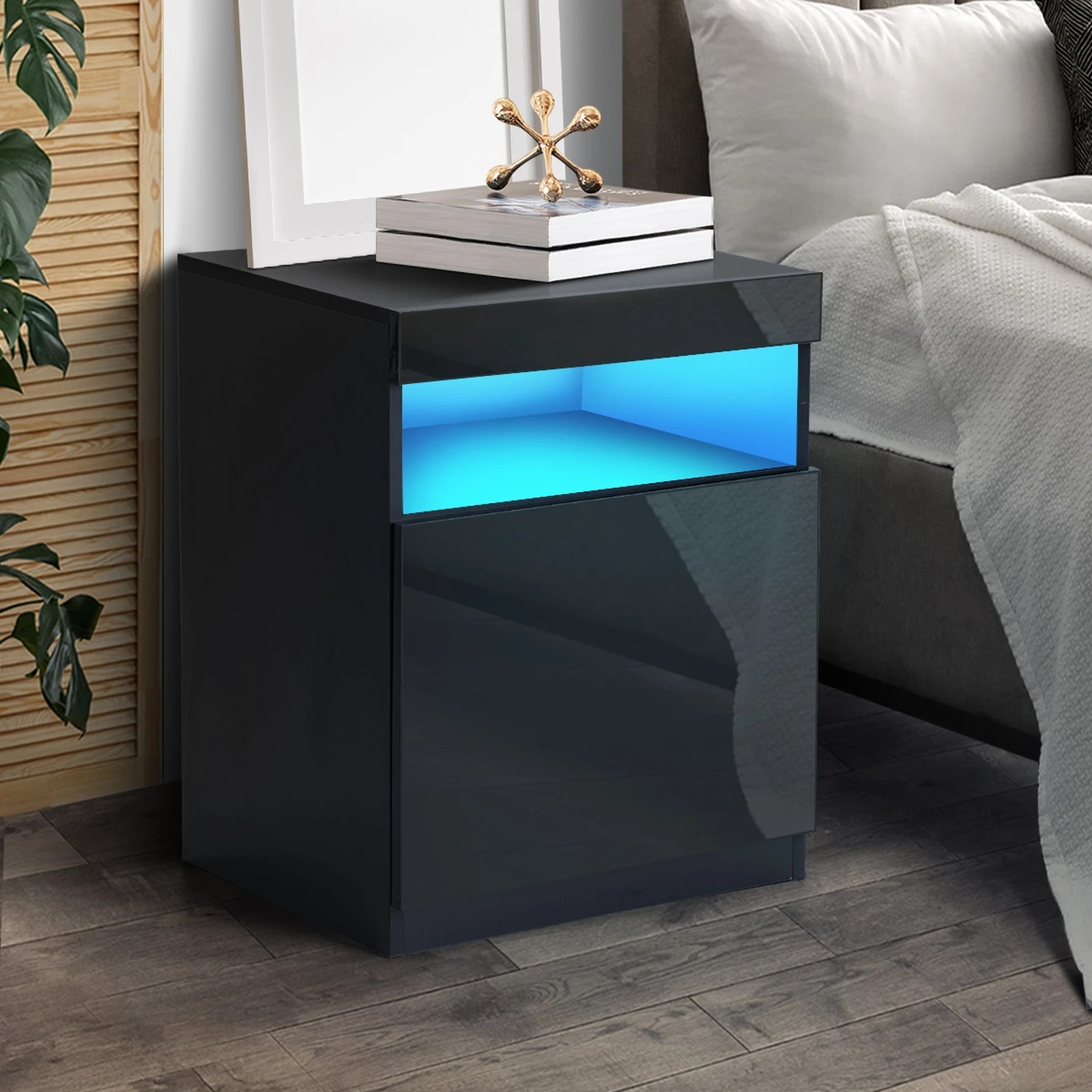 3 Oikiture Bedside Tables Set of 2 LED Nightstand Shelf Side End Table - Black, 3 of 7