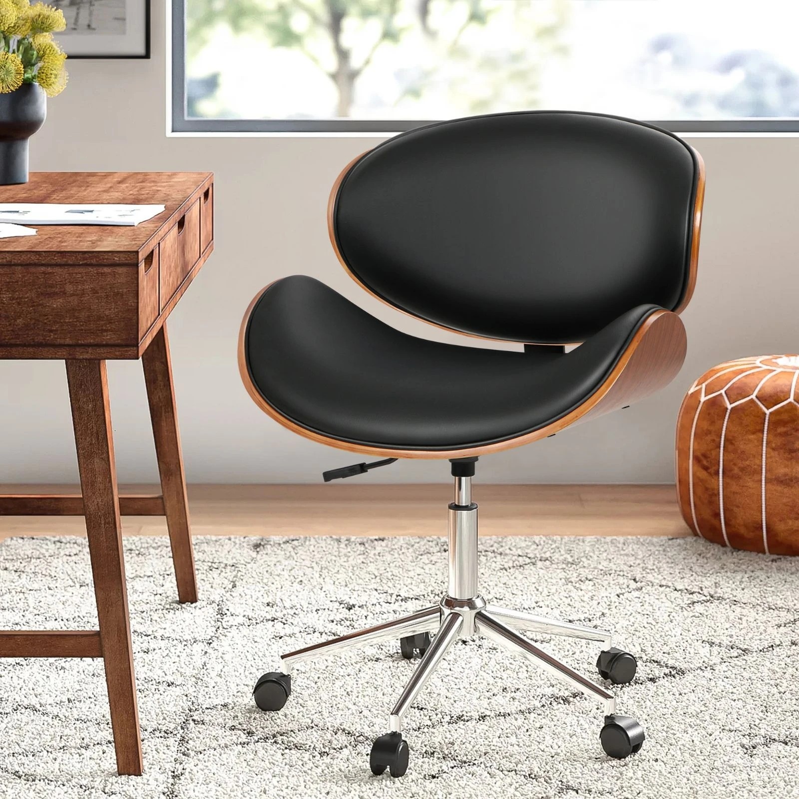 2 Alfordson Wooden Office Chair Computer Chairs Bentwood Seat Leather - Black, 2 of 10