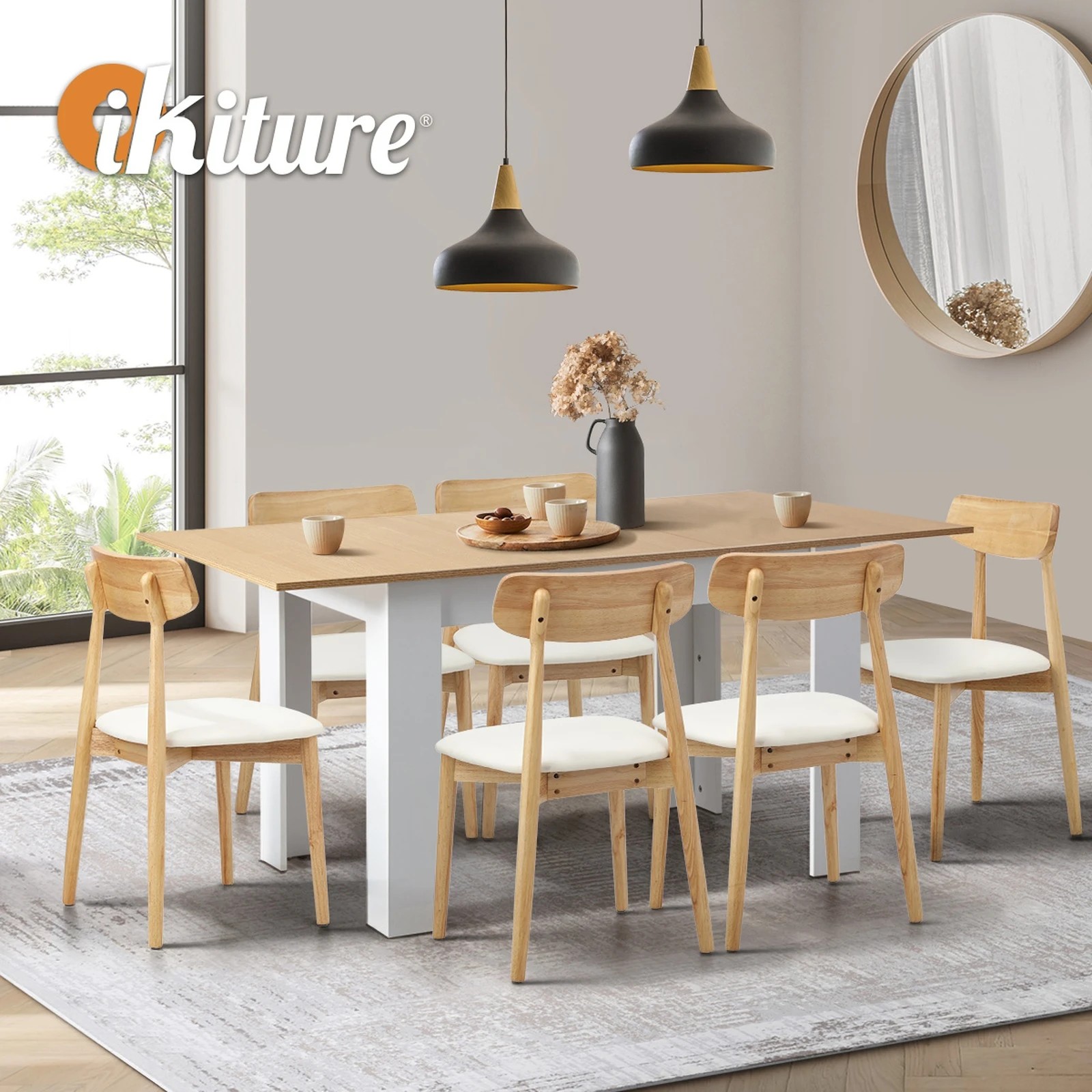 6 Oikiture 160cm Extendable Dining Table with 6x Dining Chairs PU Leather - Multi, 6 of 9