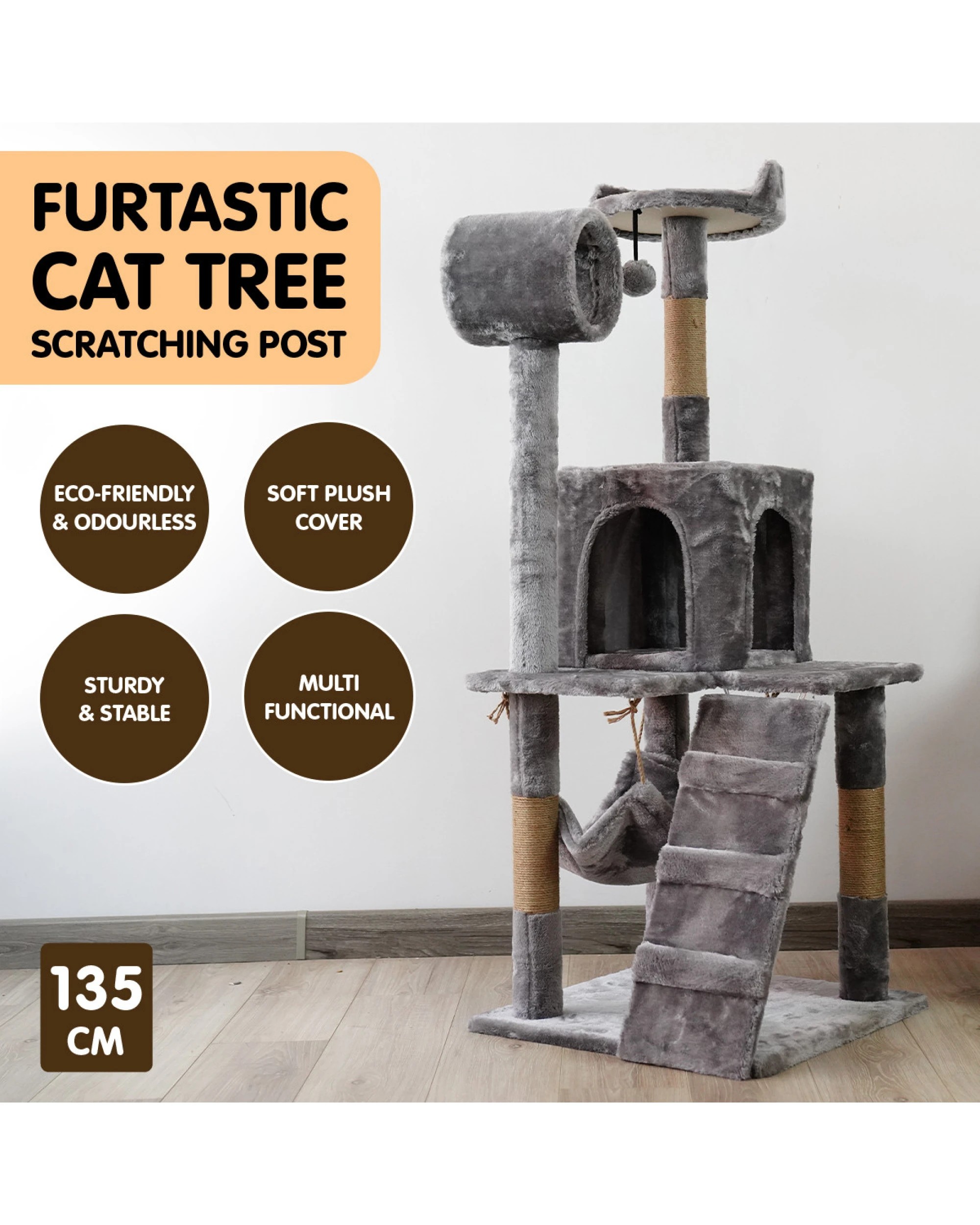 4 Furtastic 135cm Cat Tree Scratching Post - Silver Grey, 4 of 4