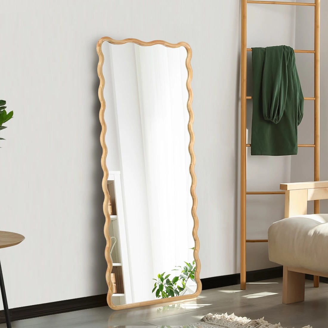 3 Oikiture Wooden Full Length Mirror 165x60cm Wavy Dressing Floor Mirrors
 - Natural, 3 of 9