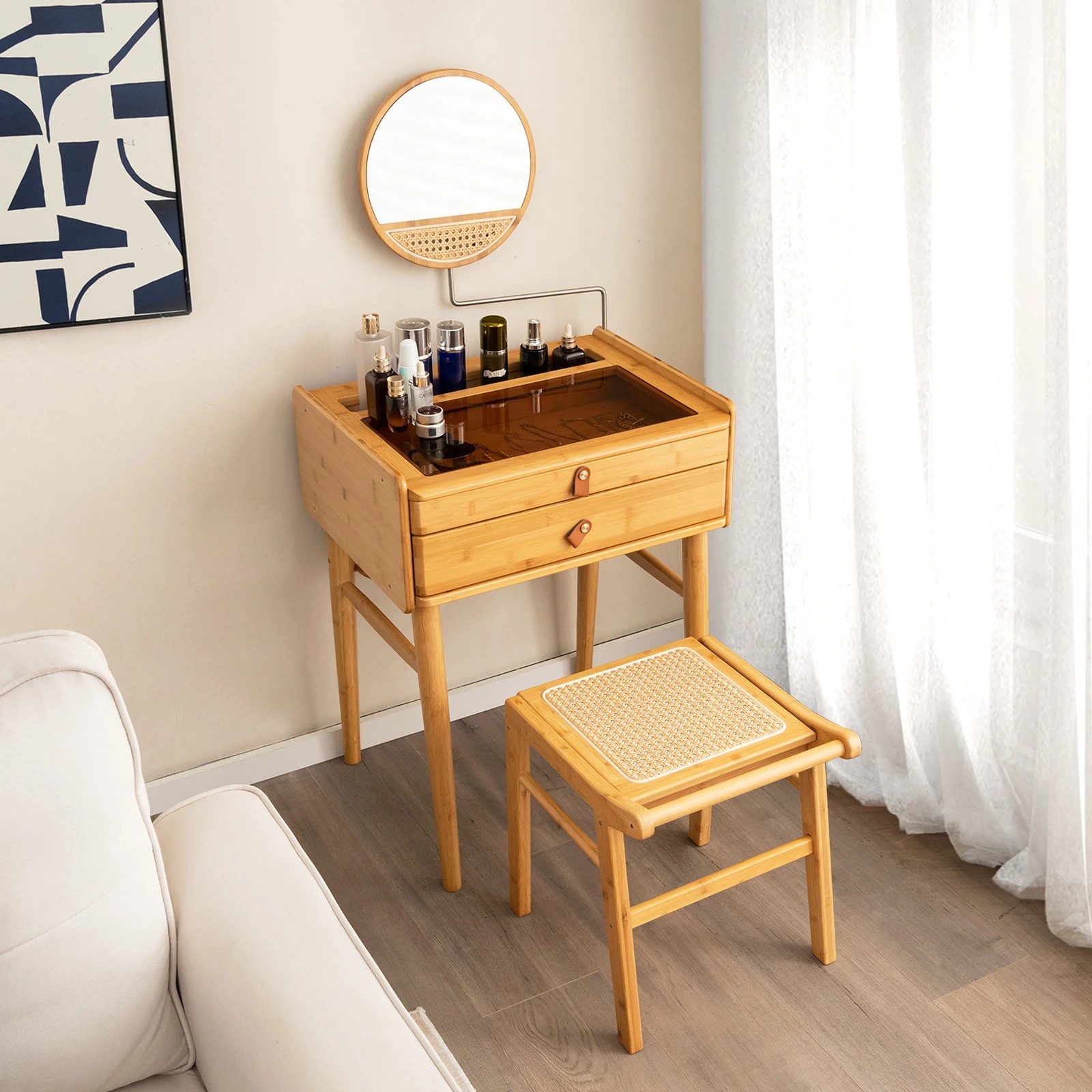 3 Costway Bamboo Vanity Stool Rattan Top Dressing Chair w/Anti-slip Foot Pads, 3 of 3