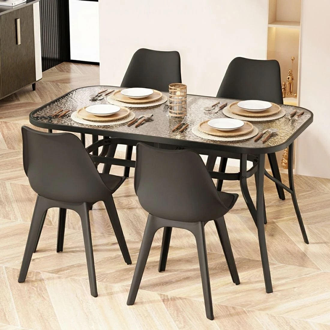 6 Gardeon 140CM Outdoor Dining Table Steel Frame Tempered Glass Parasol Hole - Black, 6 of 6