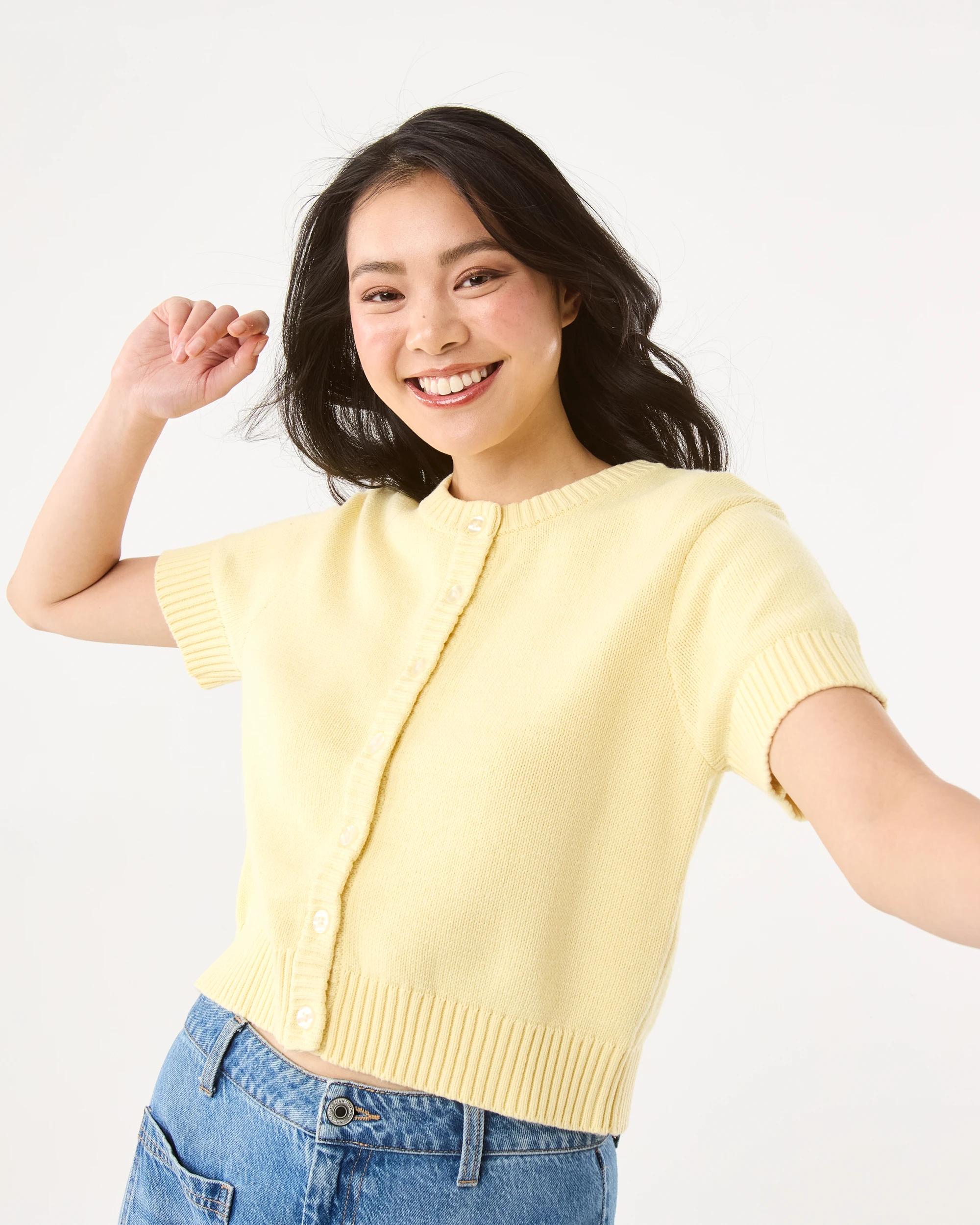 5 Short Sleeve Button Up Cardigan Fln Yellow, 5 of 8