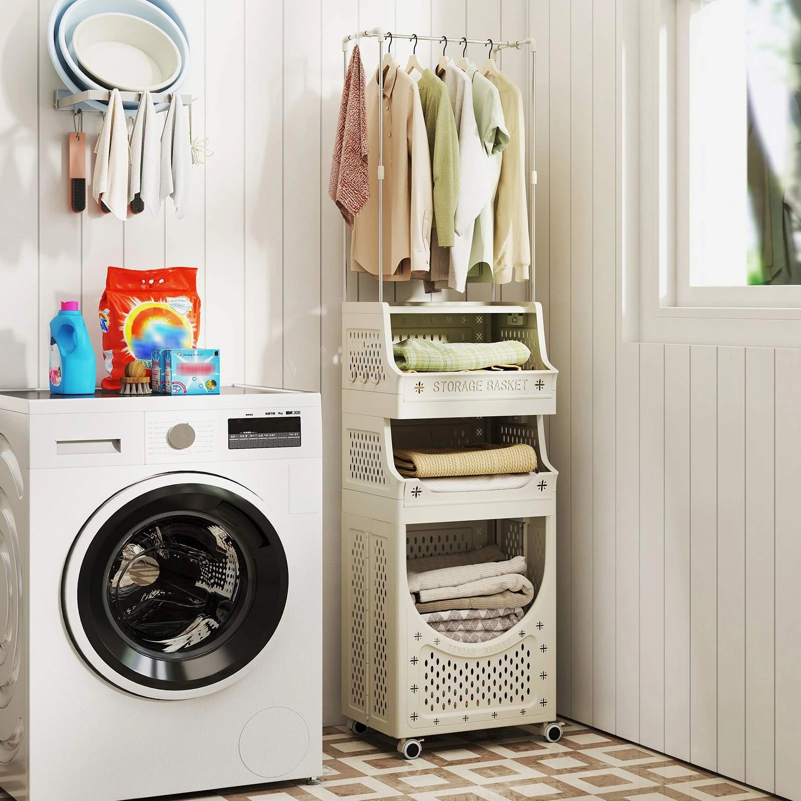 2 Costway 4-Tier Laundry Cart Folding Hamper Rolling Utility Cart w/8 Hooks, 2 of 5