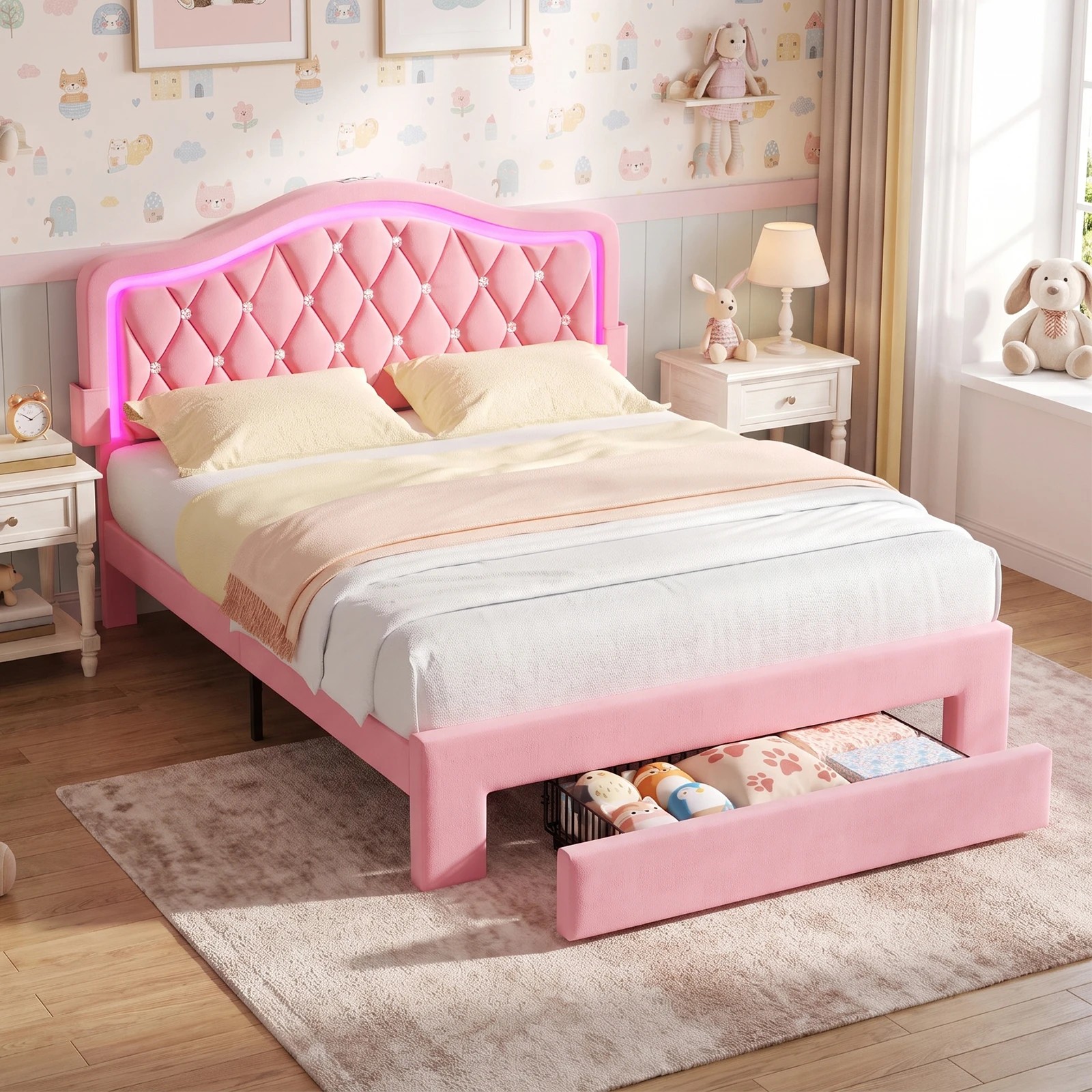 2 Advwin LED Velvet Bed Frame with Adjustable Headboard and Storage Drawer Double - Pink, 2 of 9