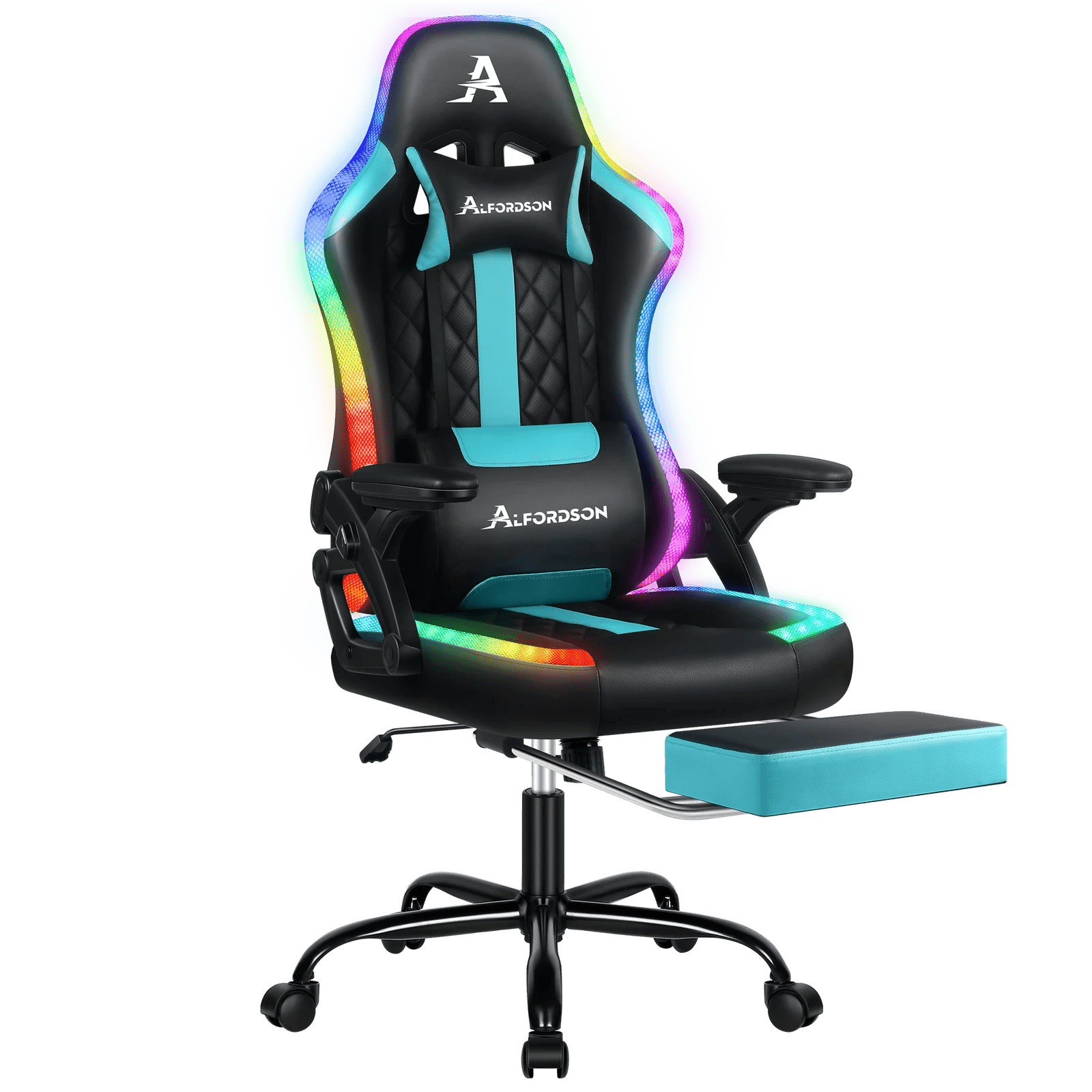 1 Alfordson Gaming Chair Office Massage 12 RGB LED Computer Leather - Cyan, 1 of 10