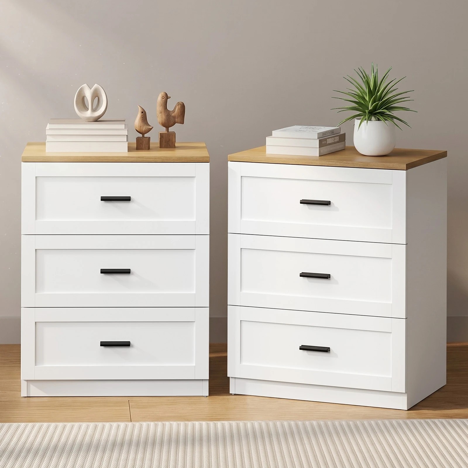 3 Oikiture 2pc Bedside Table 3 Drawers Nightstand Cabinet End Table - White, 3 of 8
