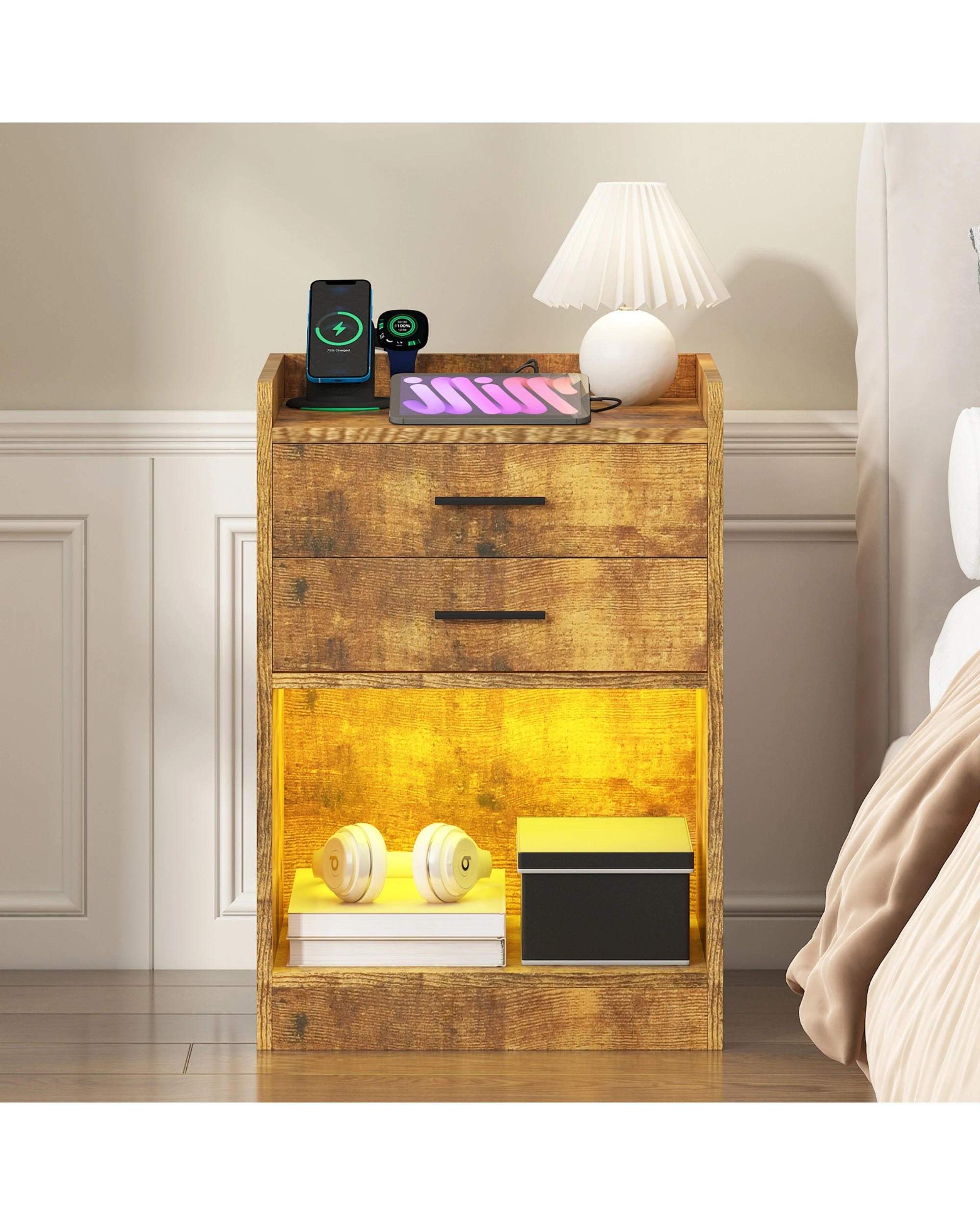 9 Advwin LED Bedside Table with Charging Station 2 Drawers Nightstand - Brown, 9 of 9