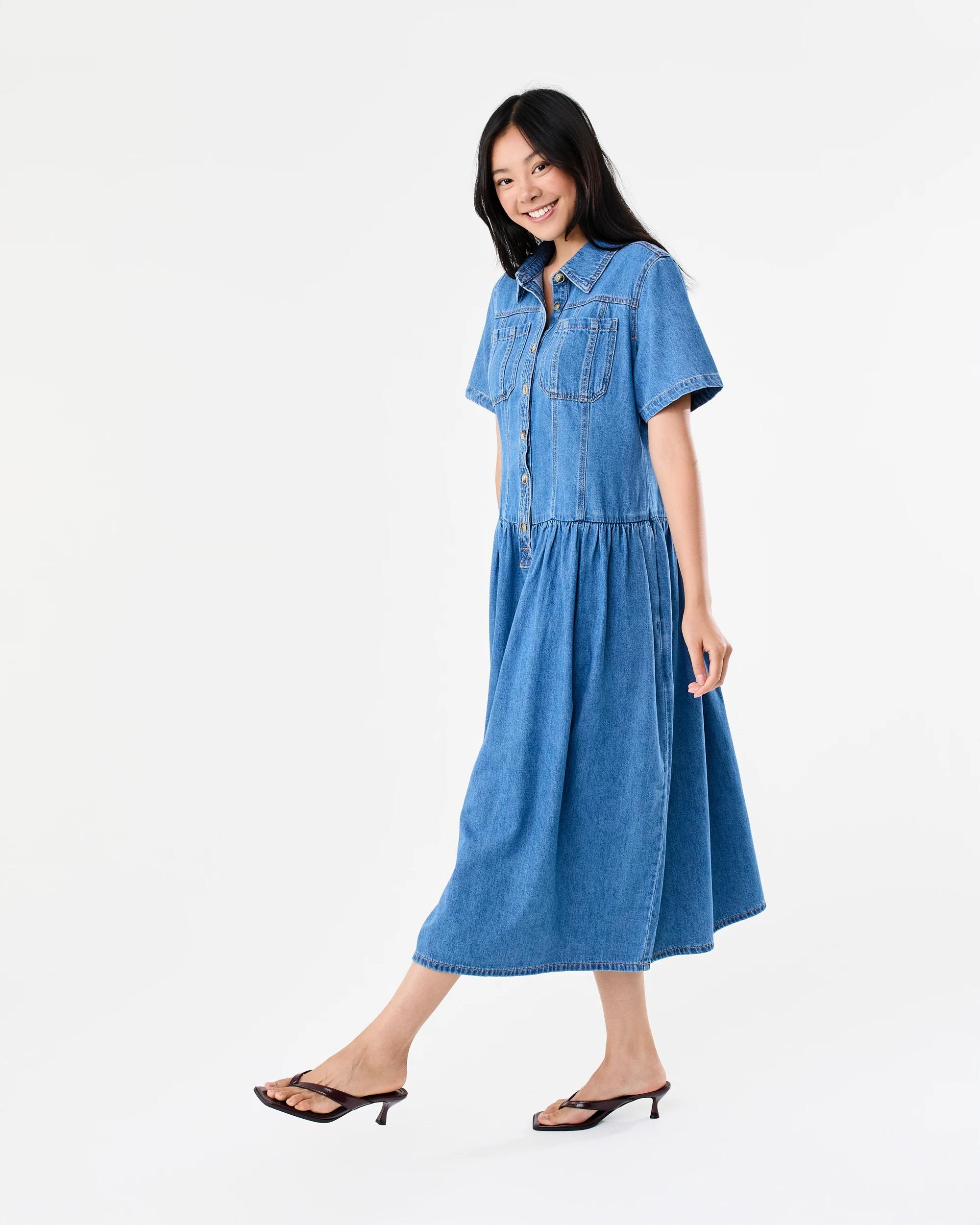 2 Short Sleeve Denim Button Through Midi Dress Dark Wash, 2 of 9