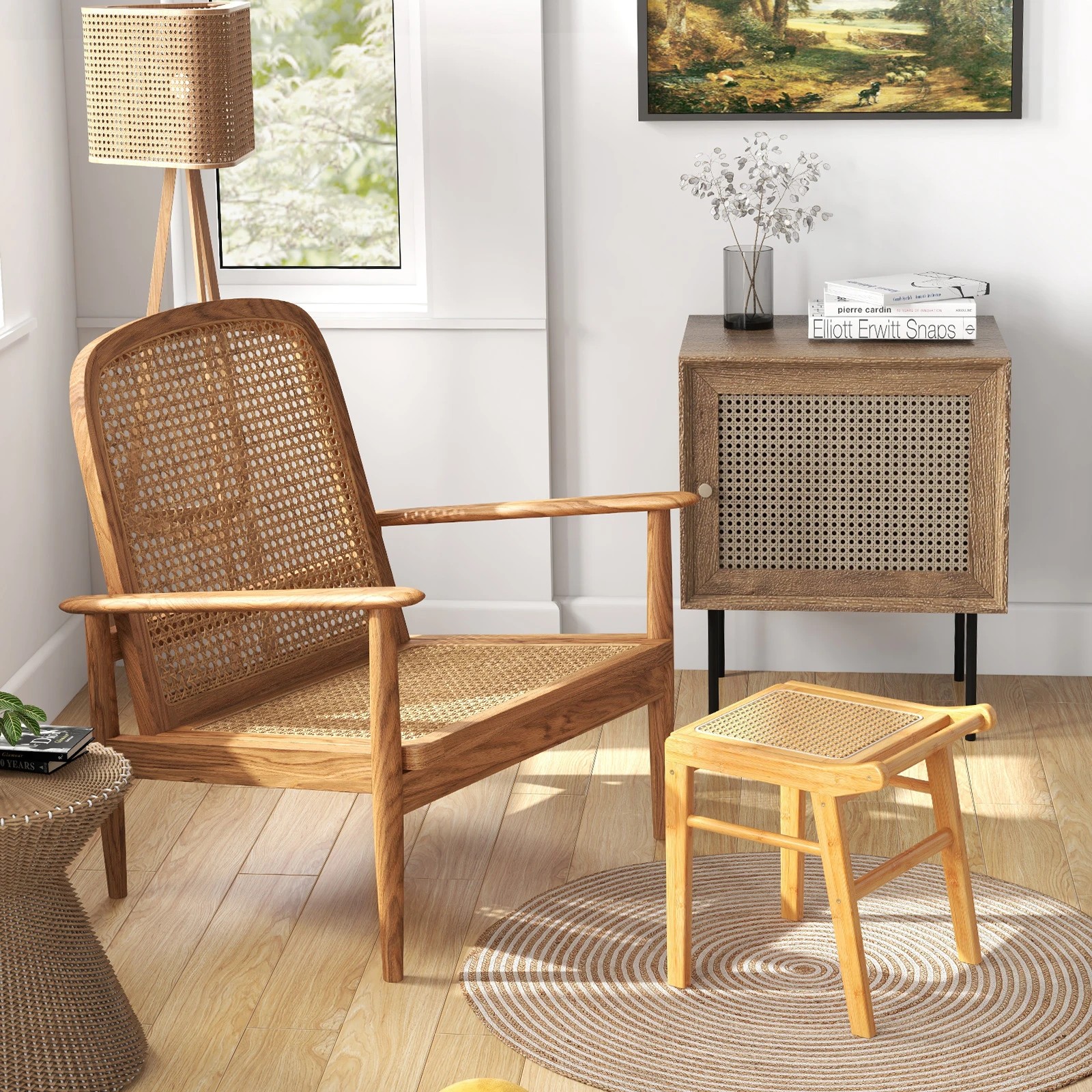 2 Costway Bamboo Vanity Stool Rattan Top Dressing Chair w/Anti-slip Foot Pads, 2 of 3