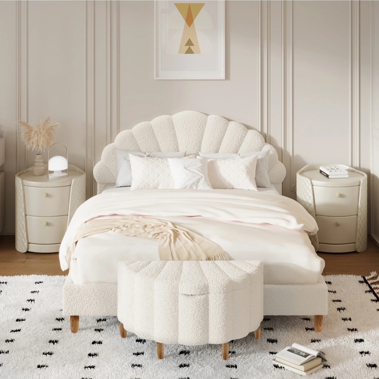 3 Oikiture Boucle Bed Frame with Ottoman Set Scallop Shaped Sherpa Bedhead Double - White, 3 of 9