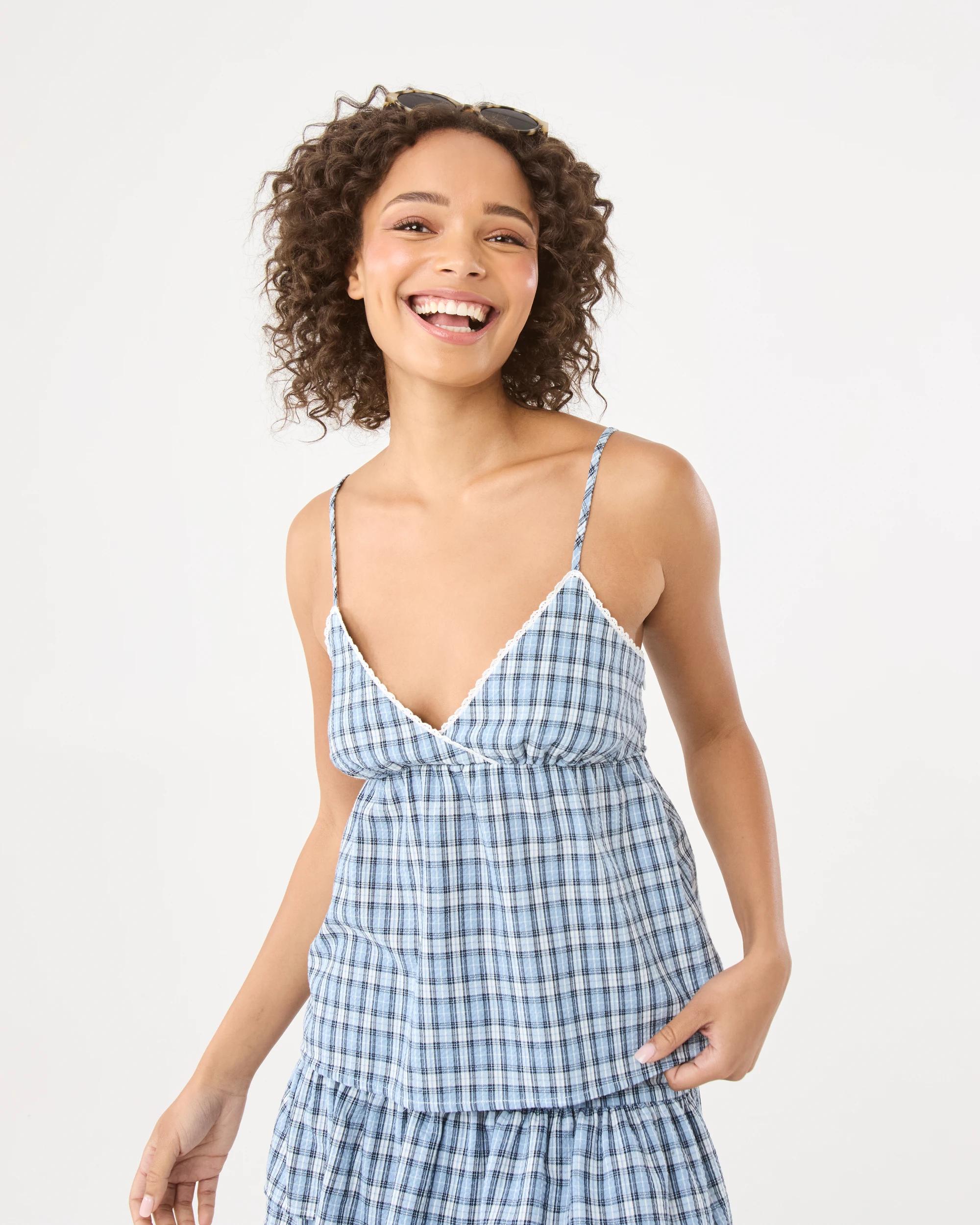 1 Sleeveless V-Neck Check Cami Blue Check, 1 of 10