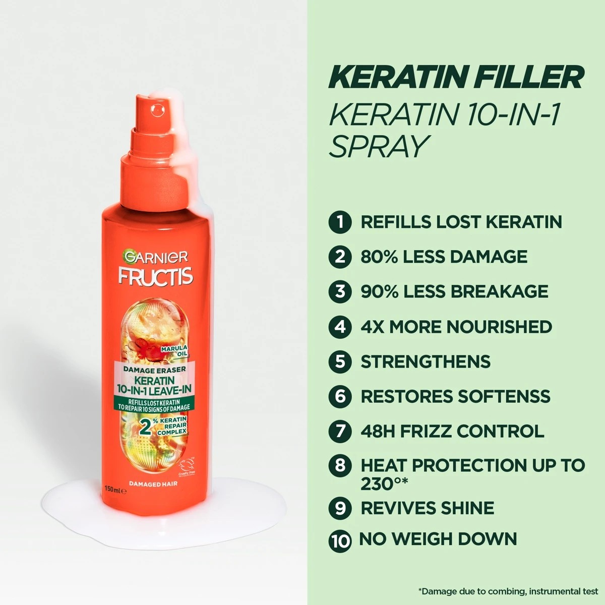 5 Garnier Fructis 10-in-1 Leave-In Damage Eraser Spray 150ml - Marula Oil and 2 Percent Keratin Repair Complex, 5 of 9