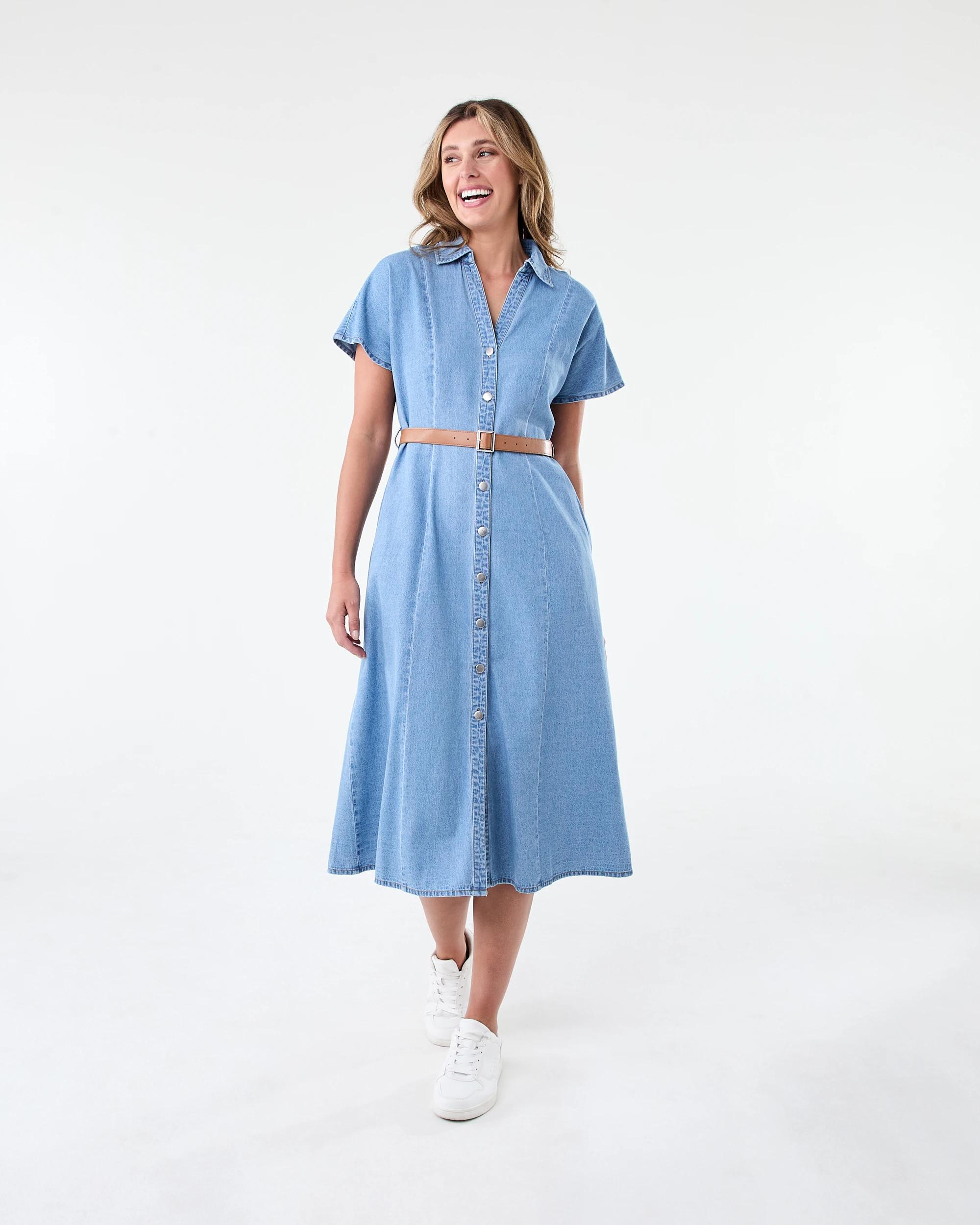 1 Short Sleeve Chambray Shirt Midi Dress Light Wash, 1 of 7