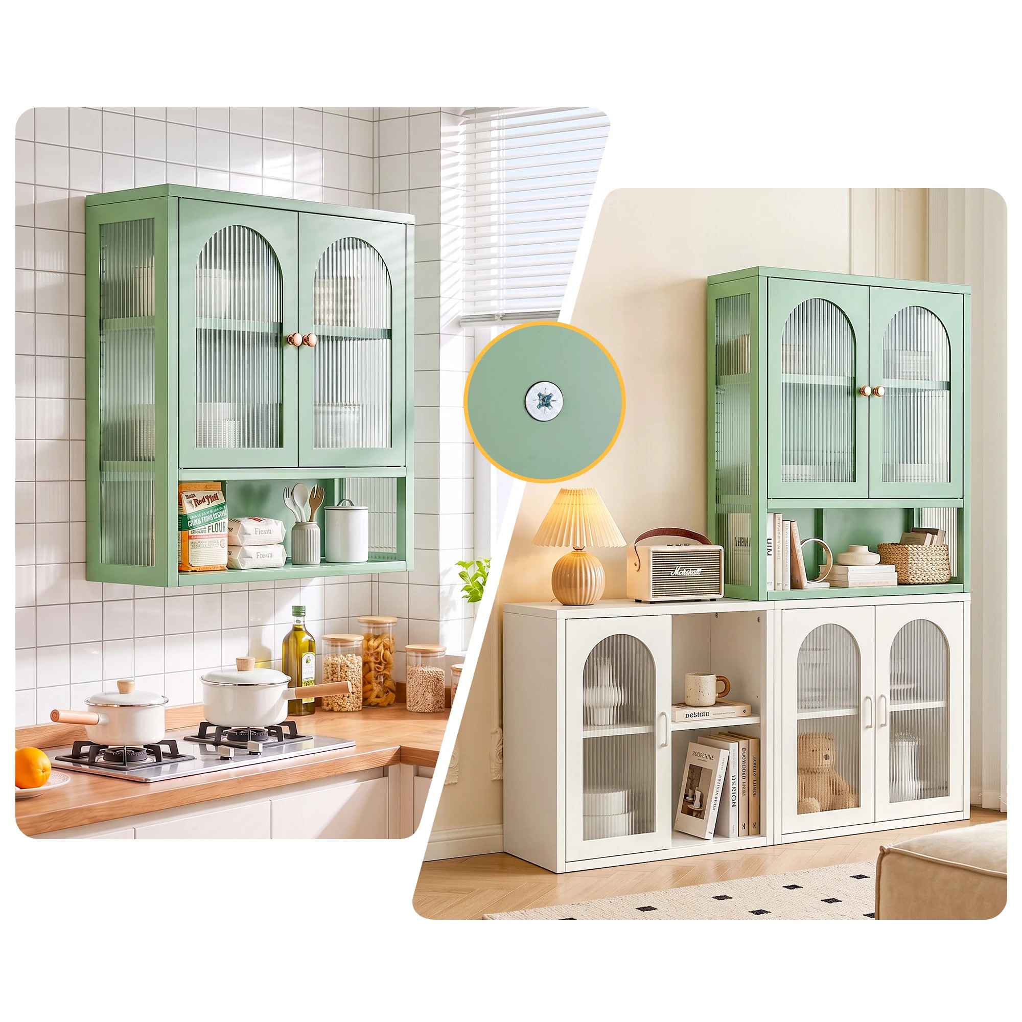 6 Artiss Buffet Cabinet Sideboards X2 Wall Mounted Fluted - Green, 6 of 10