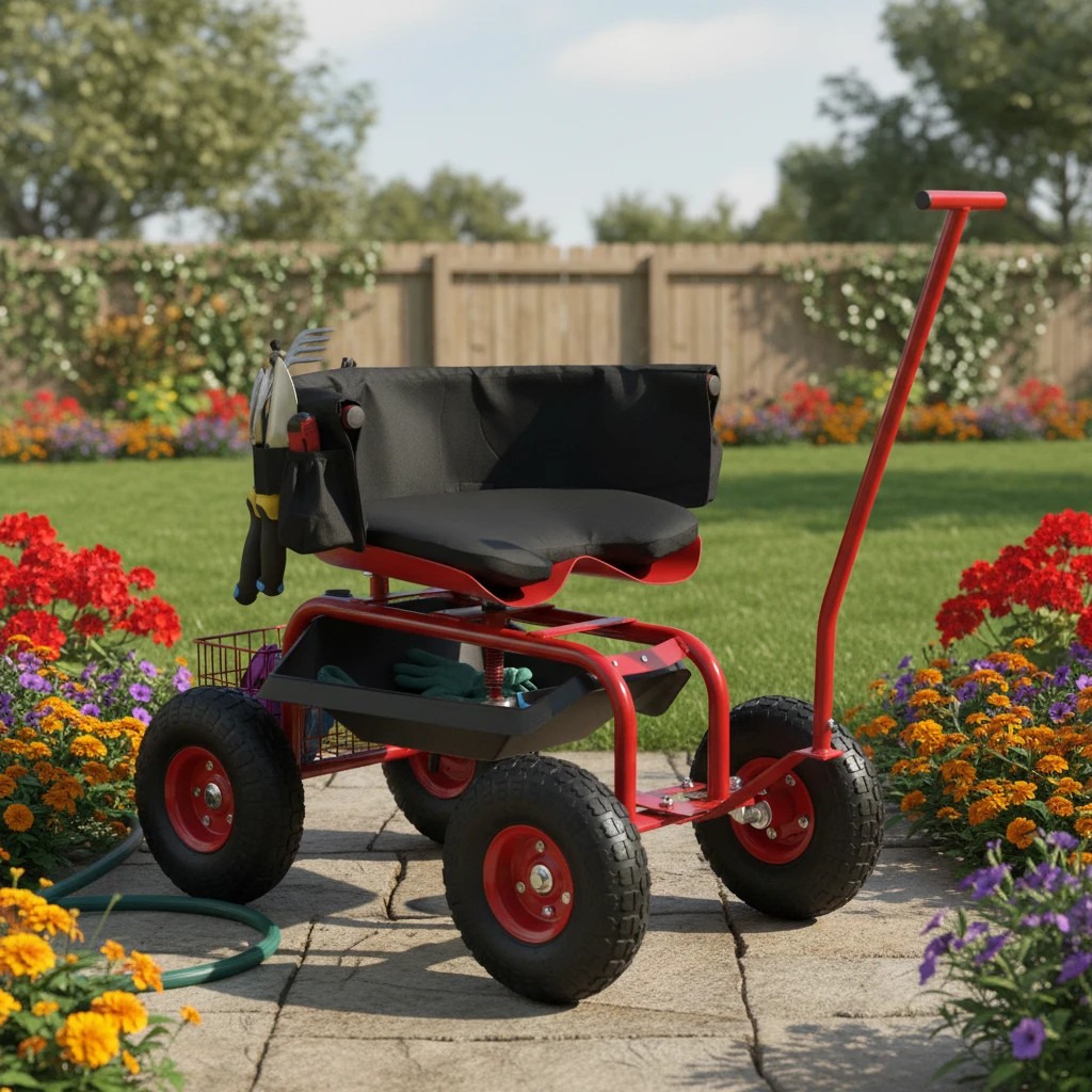 3 Costway Garden Cart Mobile Garden Workseat w/Wheels & Tool Tray Wagon Scooter 2 Steering Handles - Red, 3 of 3