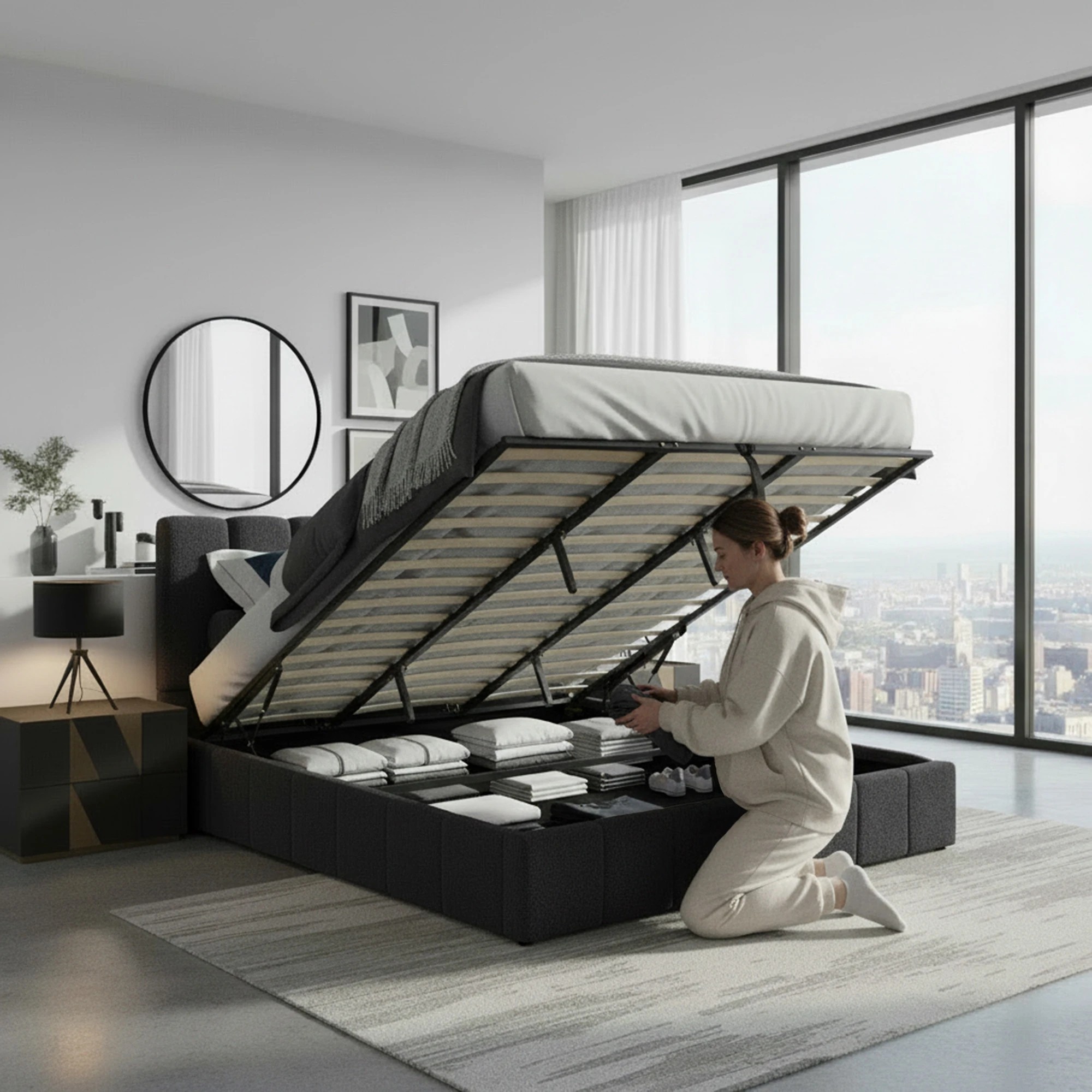 5 Milano Luxe Linear Boucle Gas Lift Bed Frame King Single - Charcoal, 5 of 5