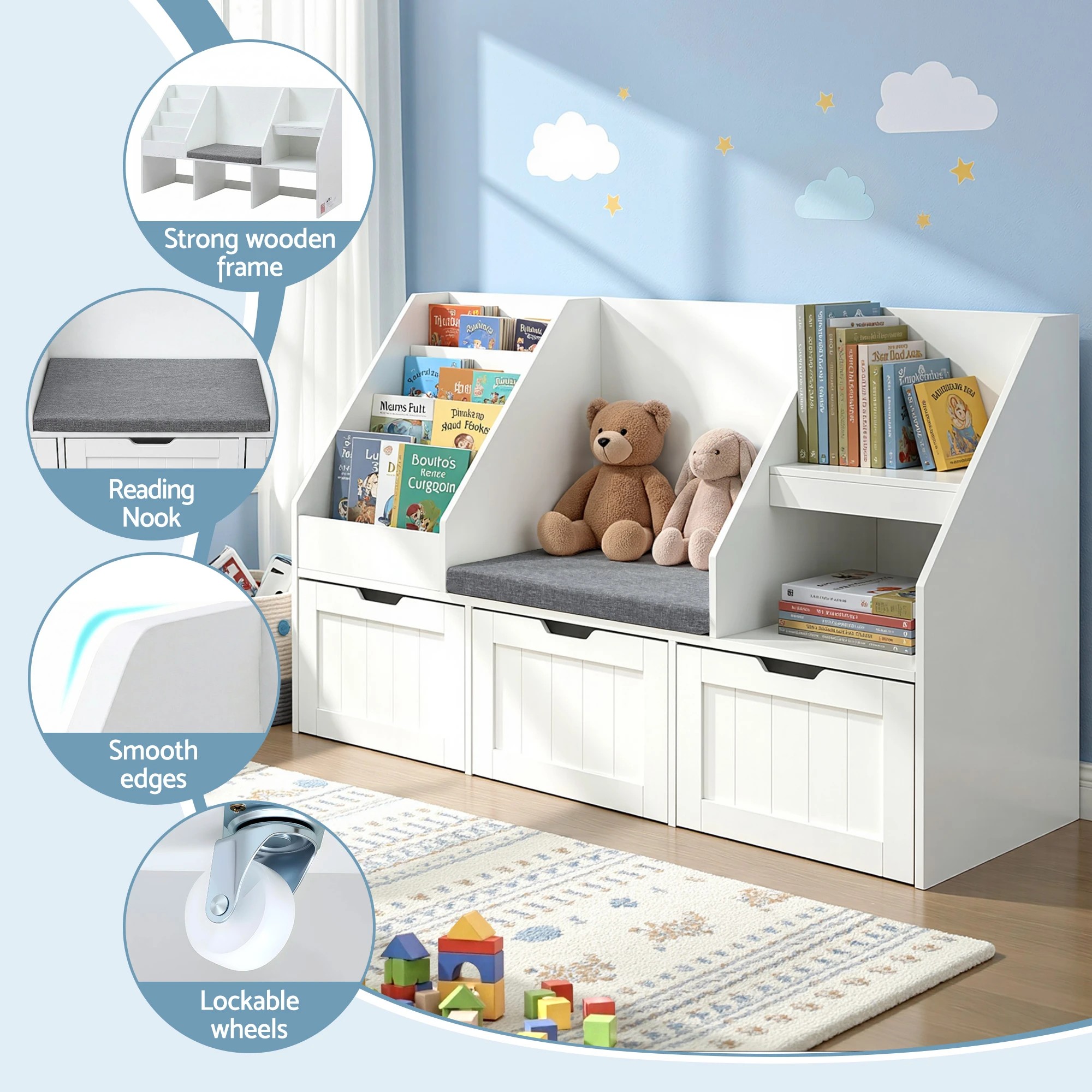 7 Keezi Kids Bookshelf Storage Organiser Toy Box Drawer Bench Seat Cabinet - White, 7 of 8