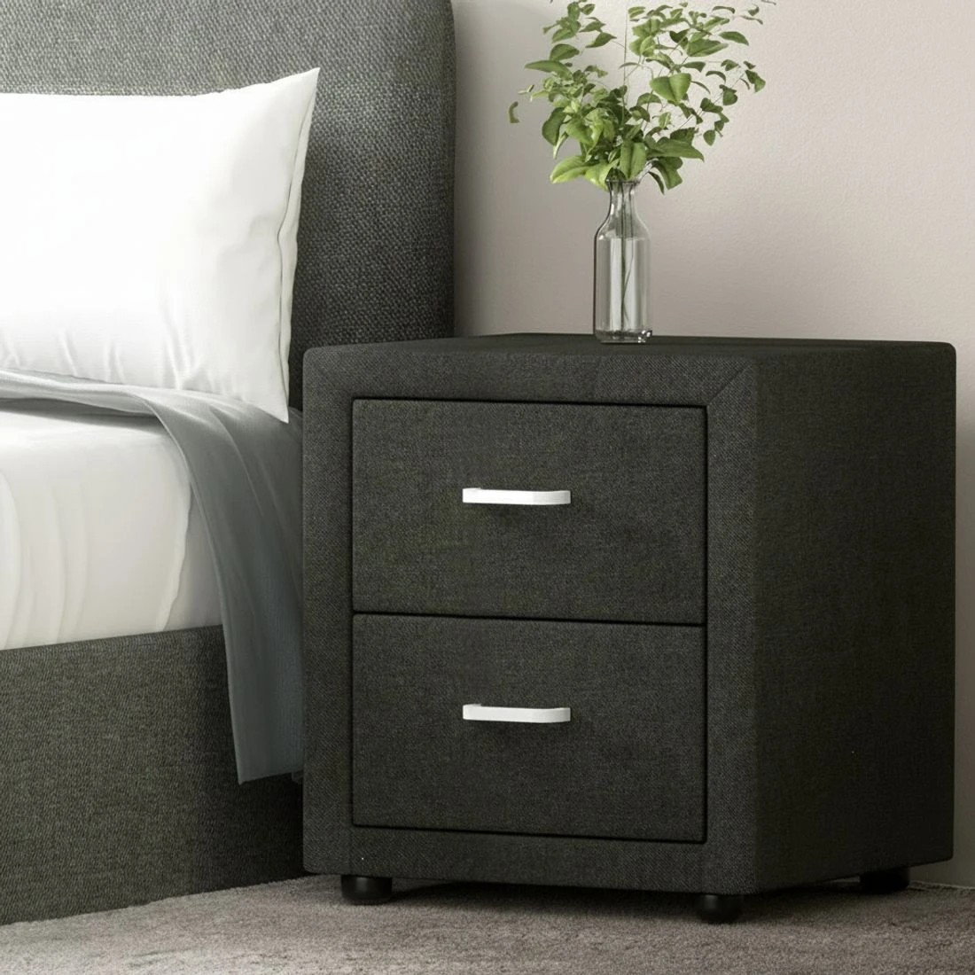 6 Artiss Bedside Table 2 Drawers Fabric - CADEN - Charcoal, 6 of 6