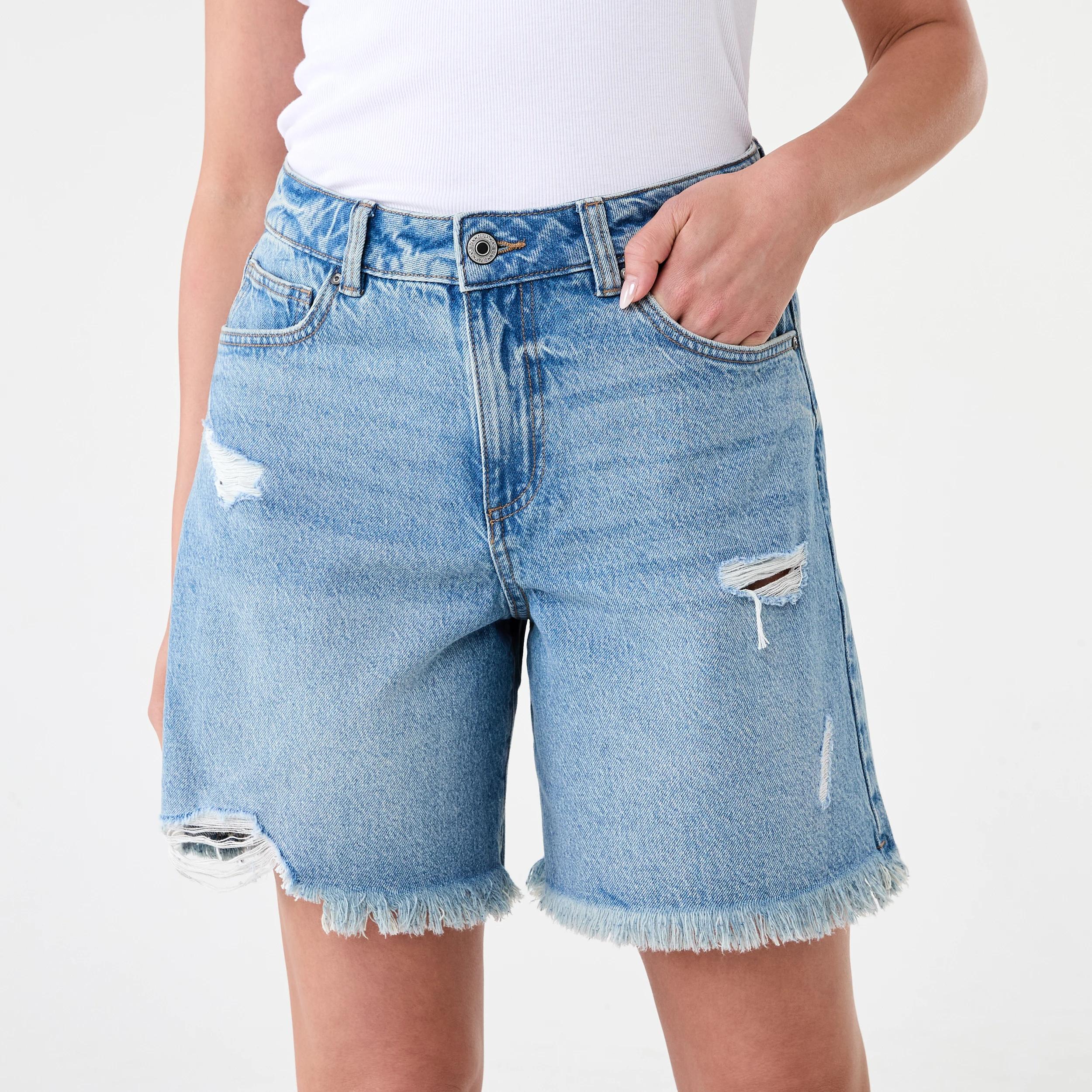 1 Distressed Denim Bermuda Shorts Mid Wash, 1 of 7