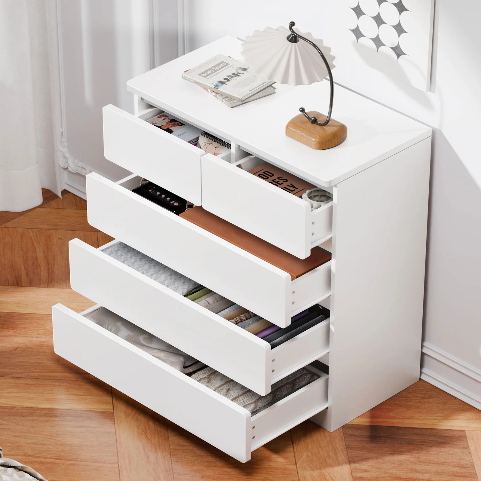 2 Alfordson 5 Chest of Drawers Minimalist Storage Cabinet Dresser - White, 2 of 10