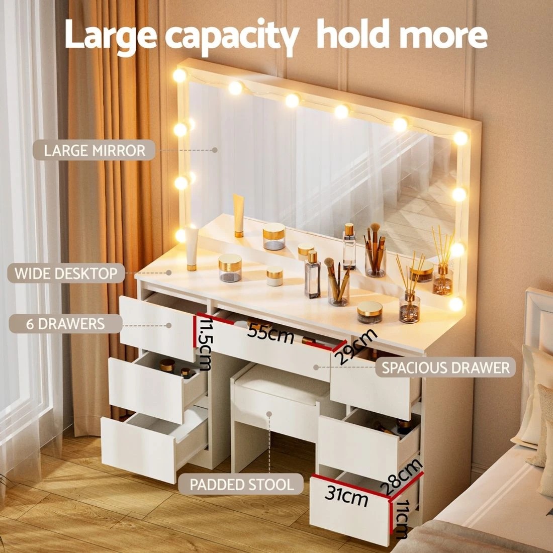 6 Artiss Dressing Table Vanity Desk Set Stool 12 Led Bulbs - White, 6 of 7