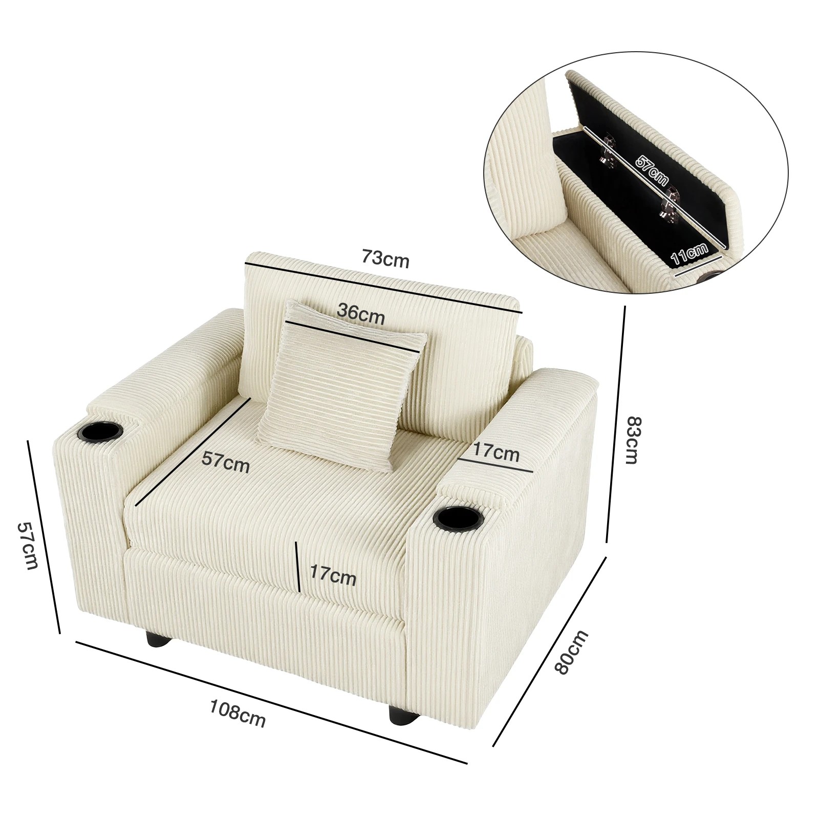 9 Advwin Single Sofa w/ Storage Armrests Corduroy Armchair w/ Cup Holder Modern Lounge Sofa Couch with Cushion, 9 of 9