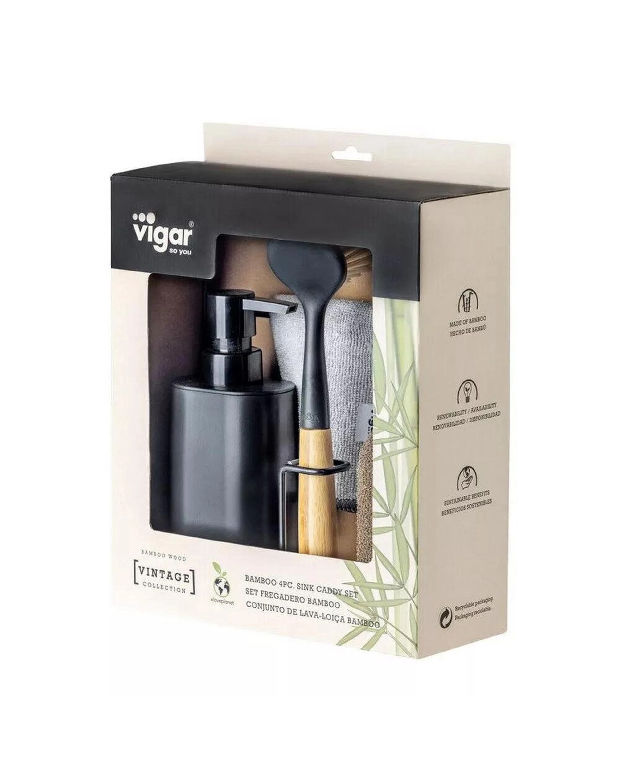 4 Vigar Vintage Bamboo 4 Piece Set  Sink Caddy Dish Brush Dispenser Black, 4 of 7