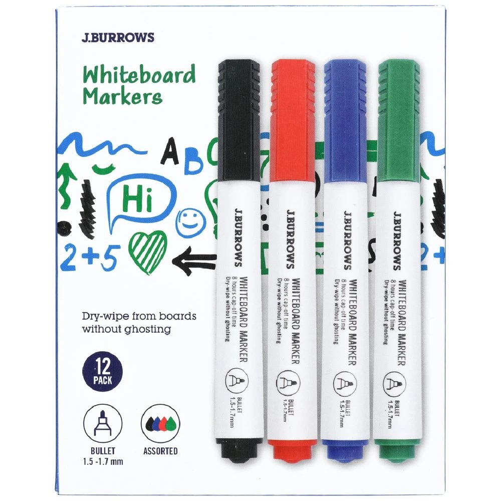 1 J.Burrows Whiteboard Markers Bullet Assorted 12 Pack, 1 of 3
