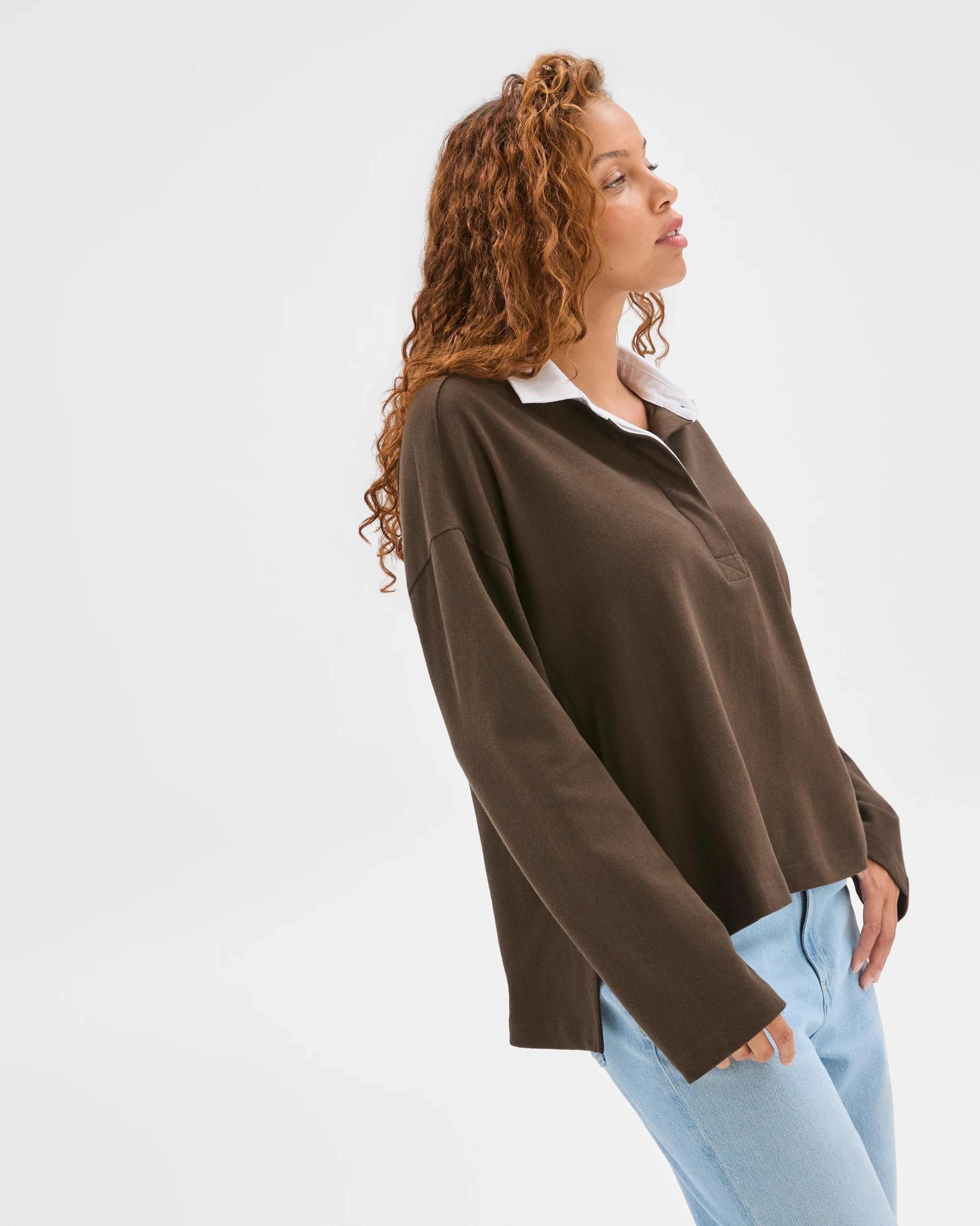 4 Target Woman Australian Cotton Long Sleeve Rugby Polo Top COFFEE BEAN, 4 of 6