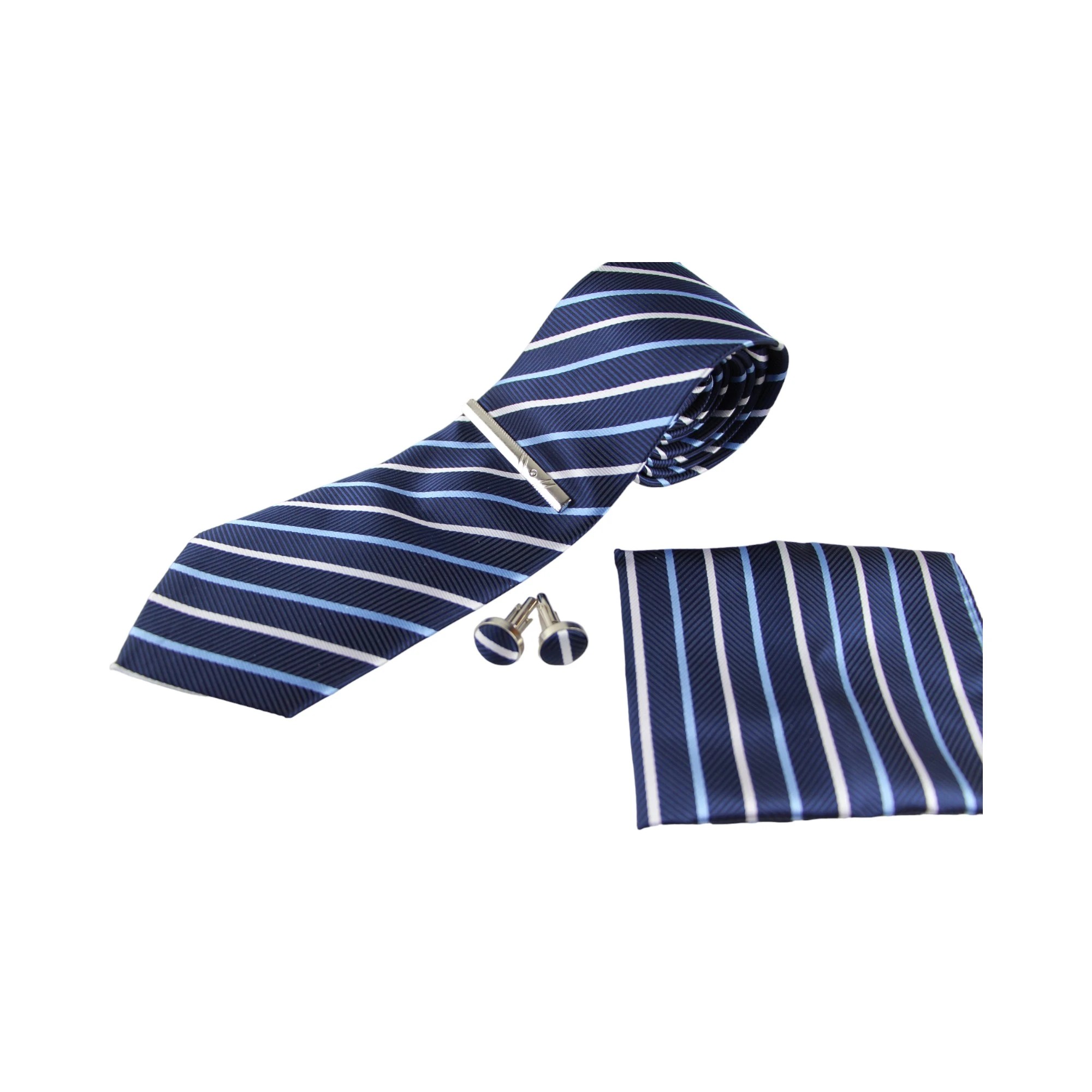 2 Zasel Mens Navy Striped Matching Neck Tie, Pocket Square, Cuff Links And Tie Clip Set - Multi - Multi, 2 of 3