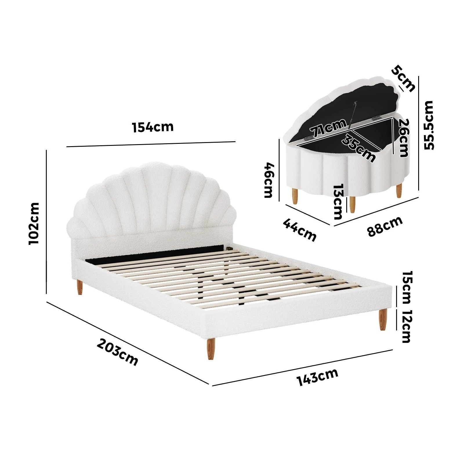 2 Oikiture Boucle Bed Frame with Ottoman Set Scallop Shaped Sherpa Bedhead Double - White, 2 of 9