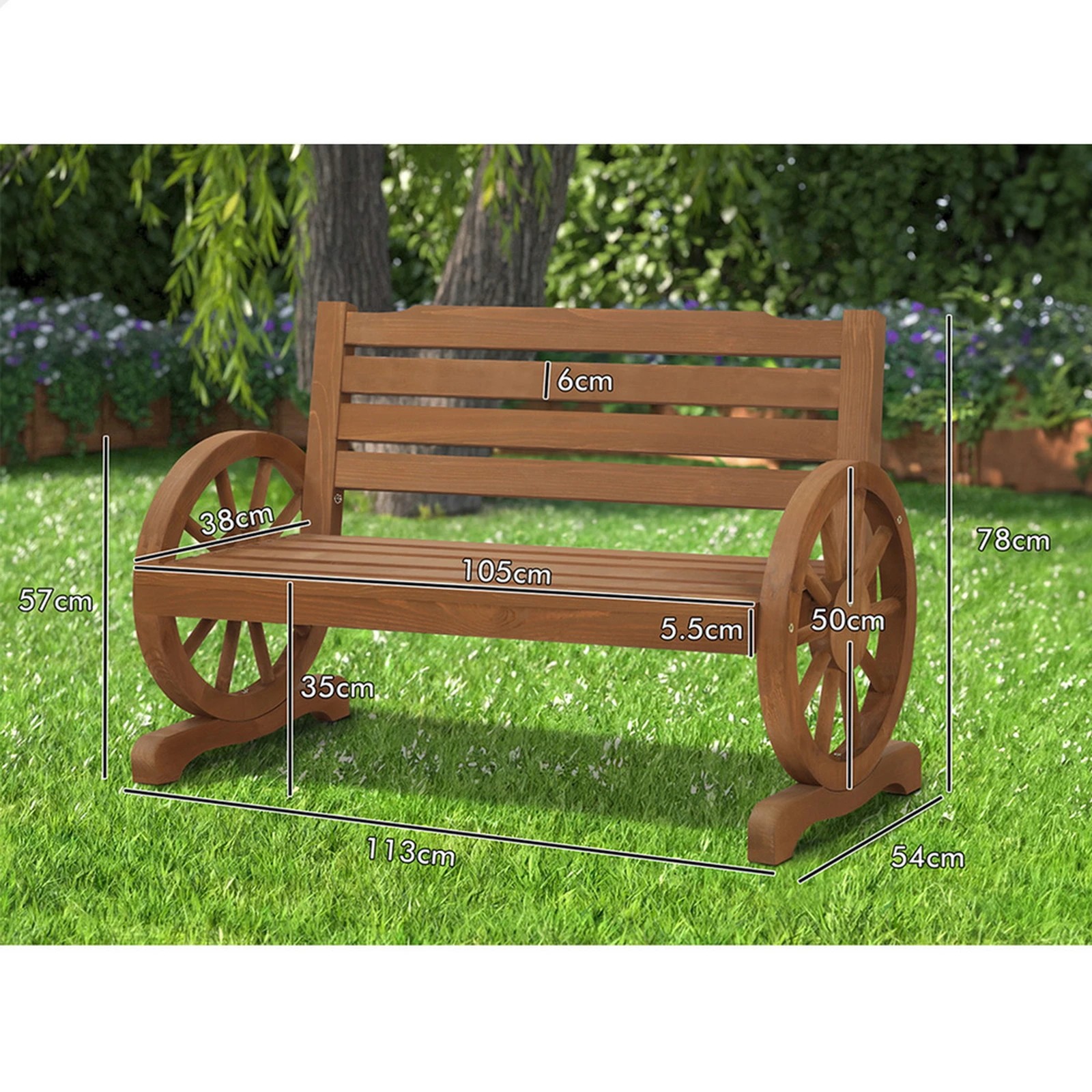 8 Alfordson Wooden Garden Bench Wagon Wheel Chair Seat Outdoor Patio - Natural, 8 of 9