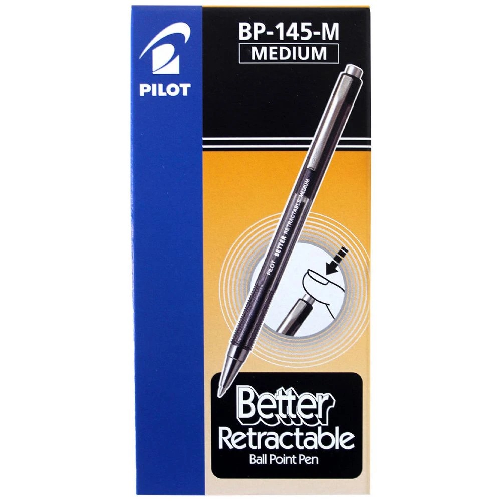 1 PILOT BP-145 Medium Retractable Ballpoint Pens Black 12 Pack, 1 of 4