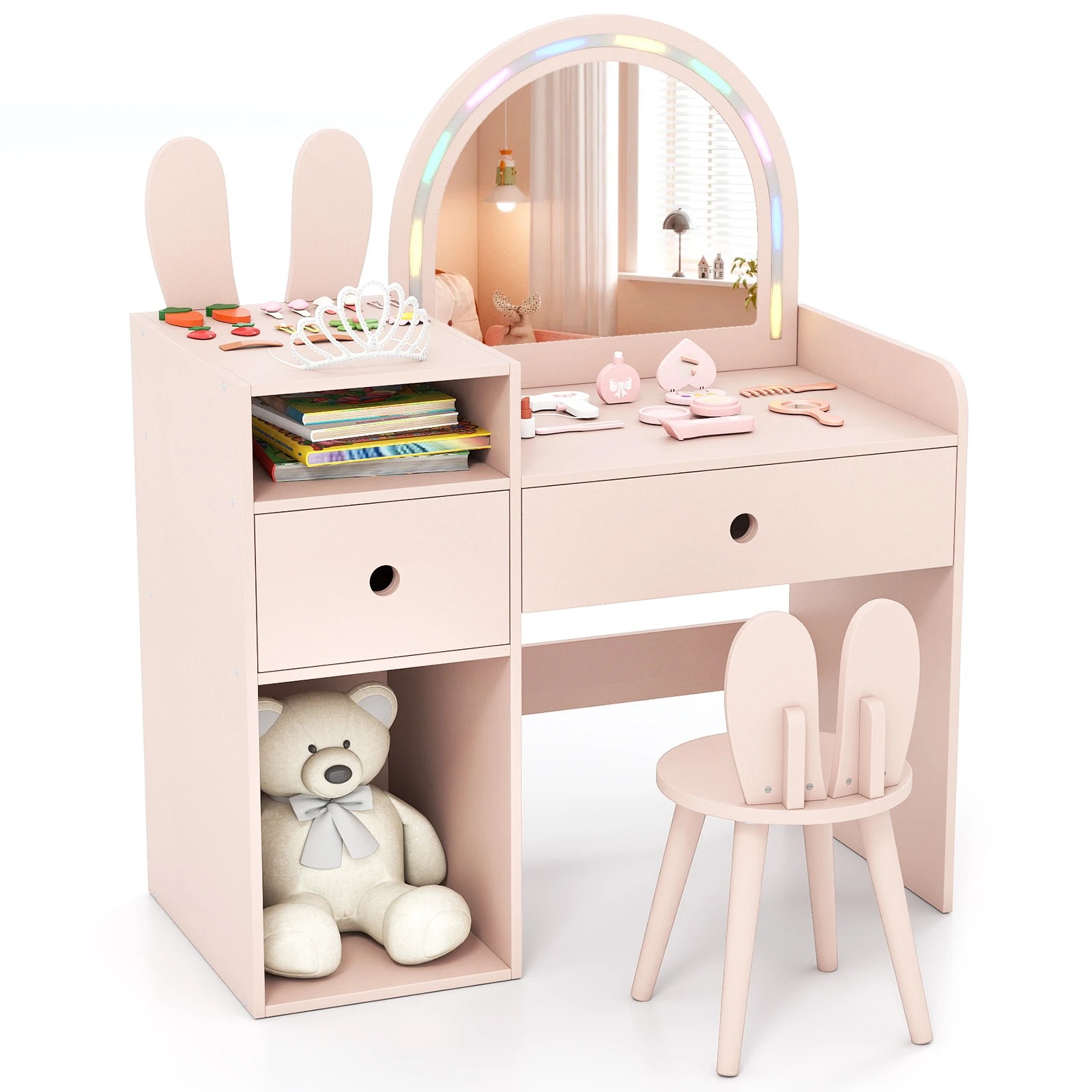 1 Costway Vanity Set w/Lighted Mirror Shelf & Drawers Princess Makeup Table & Chair Set - Pink, 1 of 3