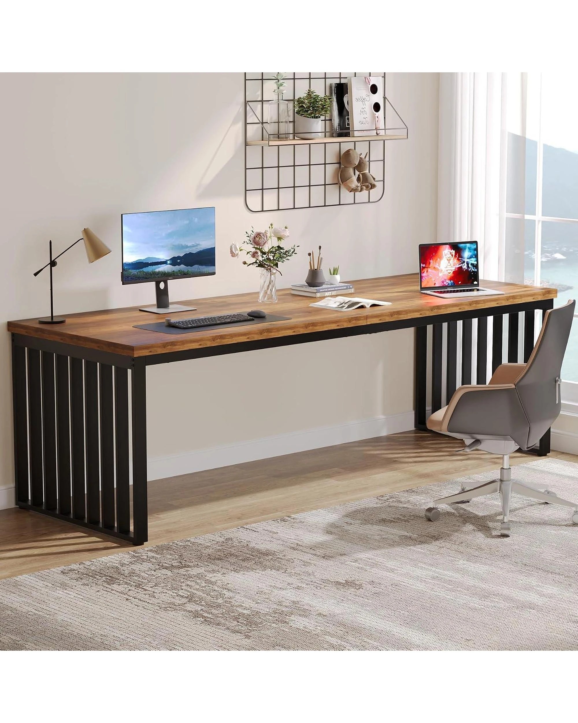 OAKORY 180cm Office Desk, Two Person Computer Workstation Metal Frame ...