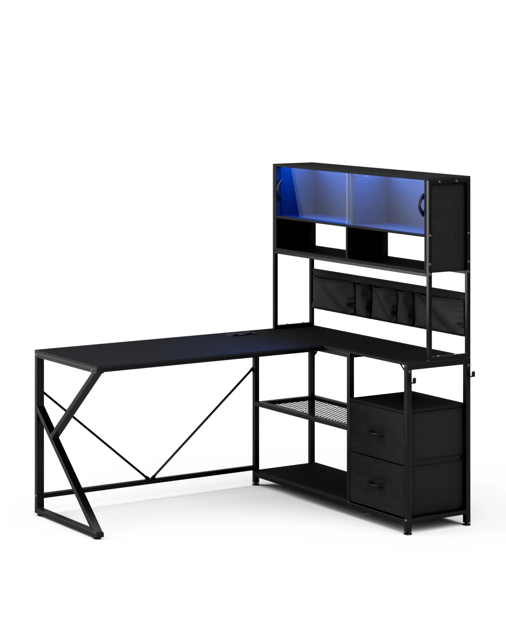 6 Advwin L Shaped Gaming Desk with LED Lights & Power Outlets Reversible 130cm Computer Desk  - Black, 6 of 9