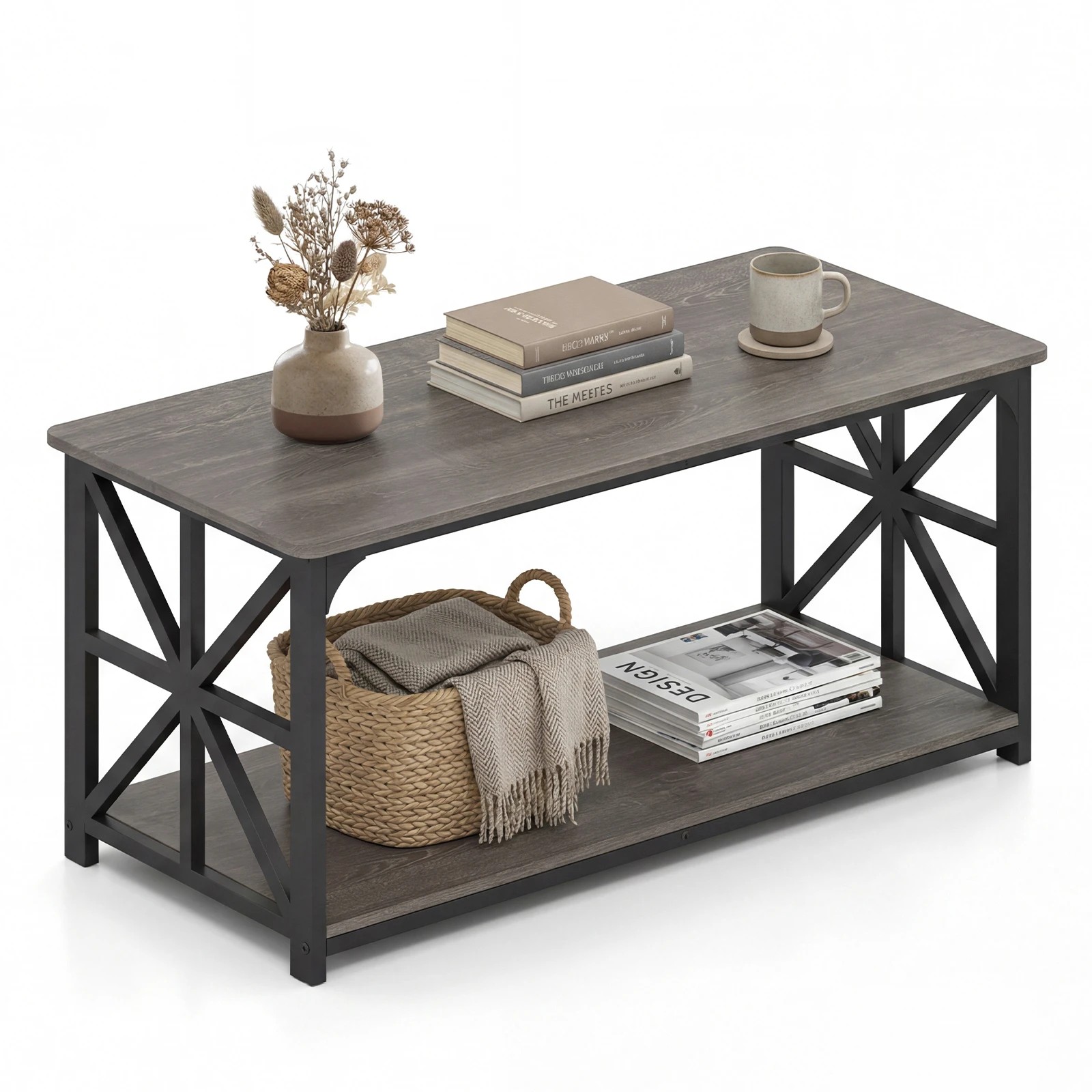 2 Costway 2-Tier Coffee Table Industrial Center Table X Side Frame - Grey, 2 of 4