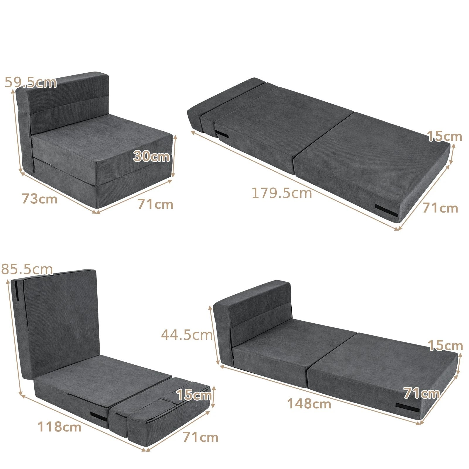 4 Costway 4in1 Folding Sofa Bed Convertible Sleeper Chair Couch Chaise Lounger Home Office, 4 of 4