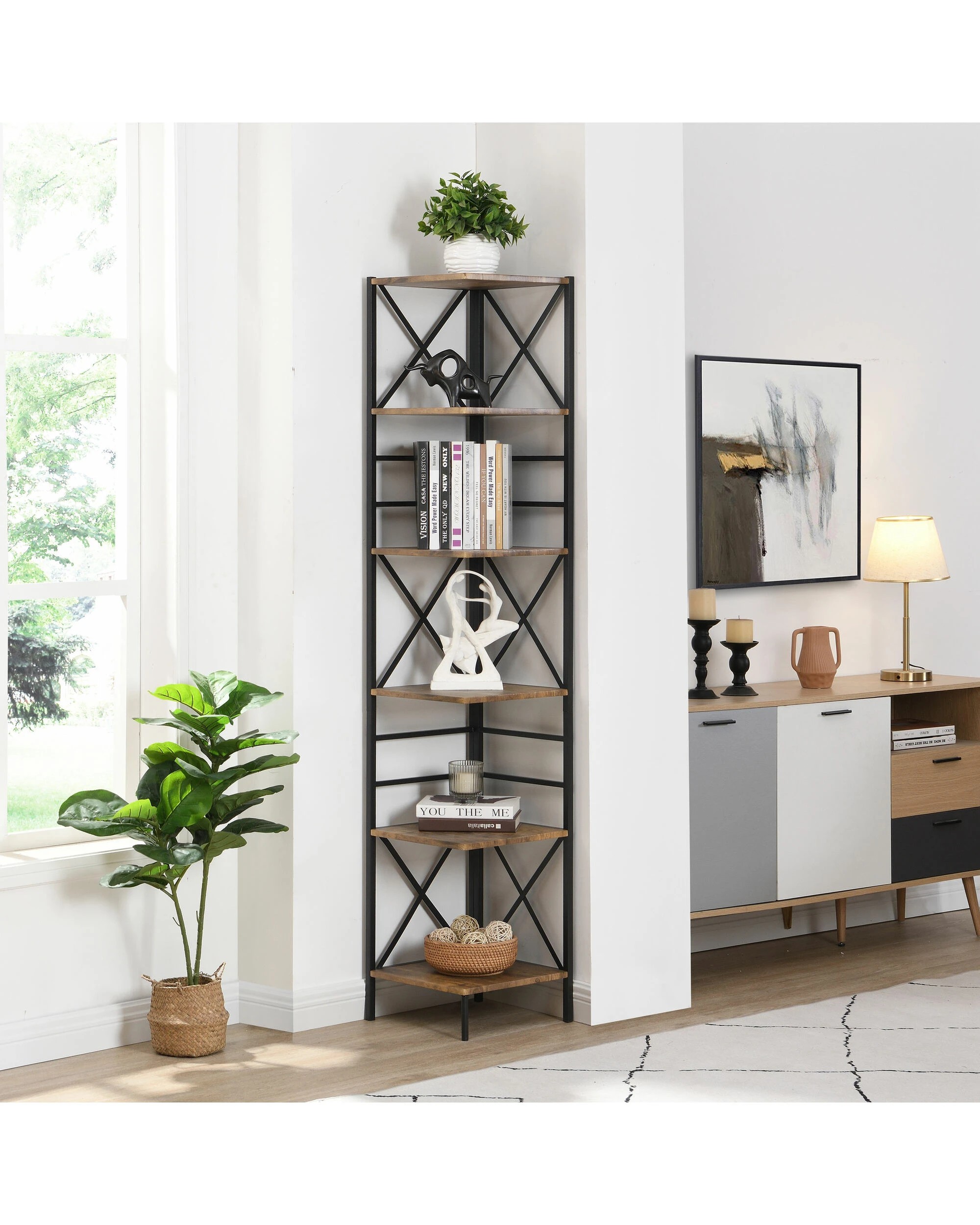 2 IHOMDEC 6-Tier Square Corner Bookshelf - Brown, 2 of 10