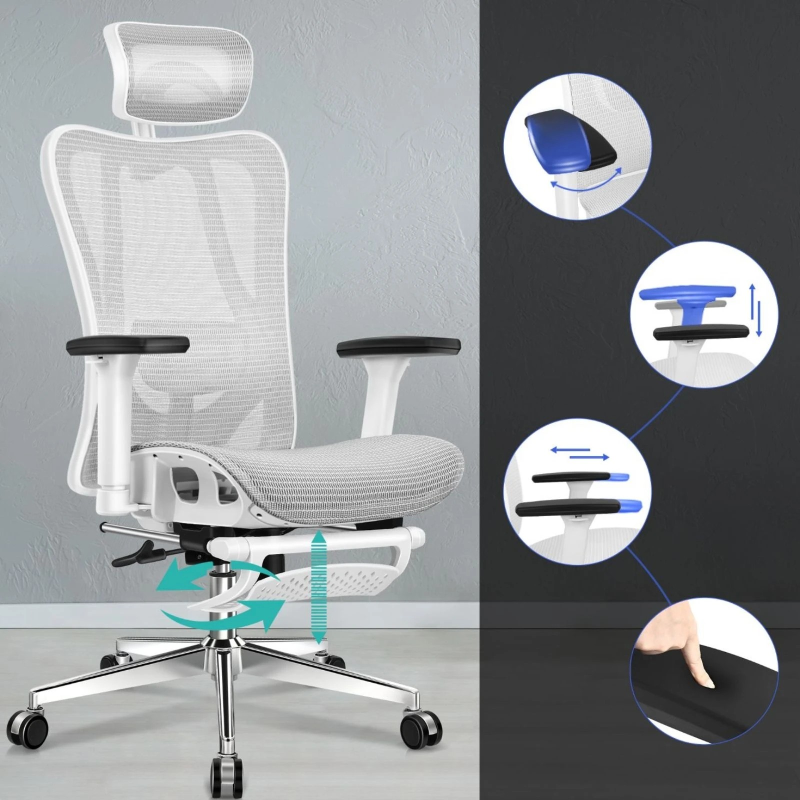 6 Alfordson Ergonomic Office Chair Executive Mesh Seat Gaming Work Computer - White Grey, 6 of 10