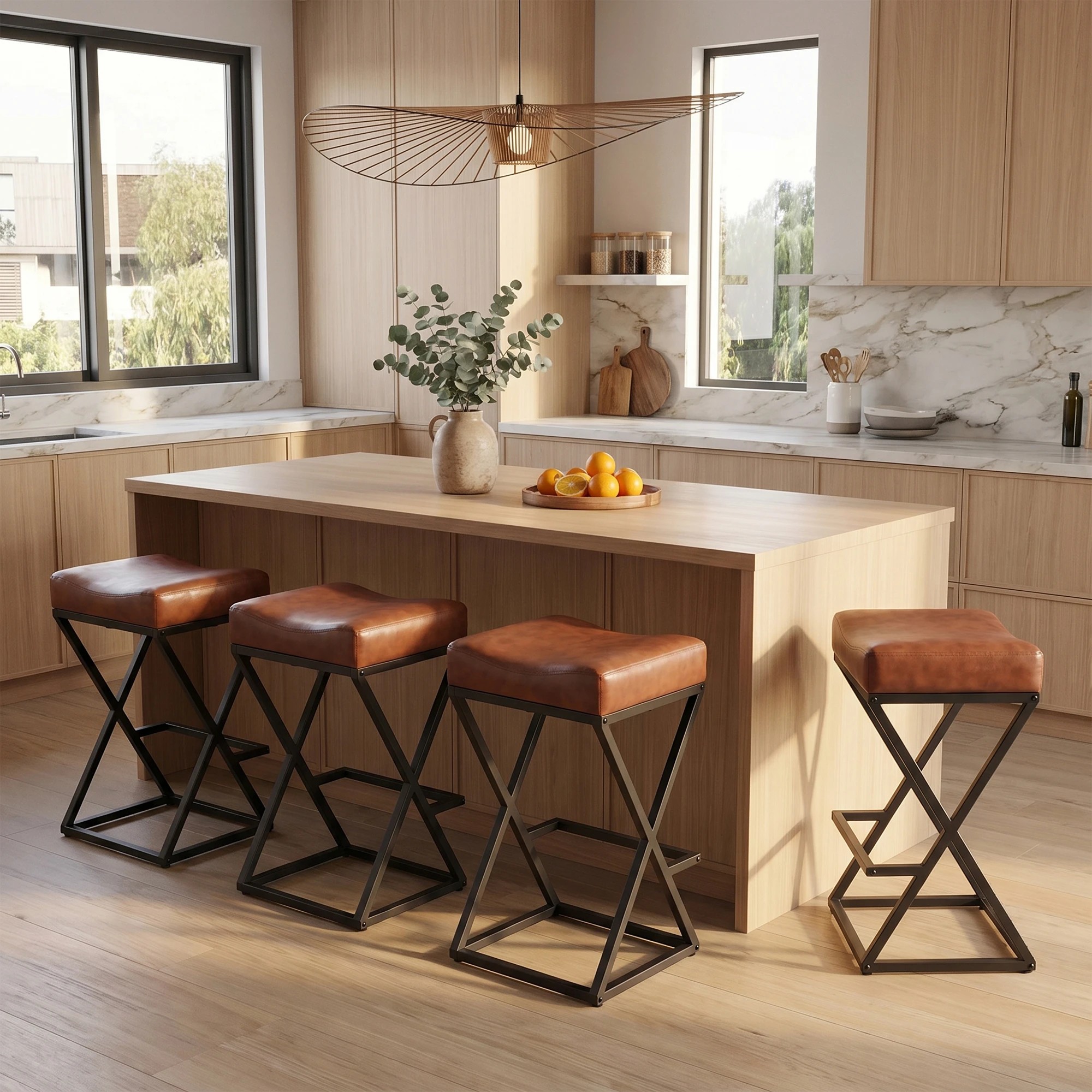 3 Advwin Bar Stools Set of 4 PU Leather Kitchen Counter Stools w/ U-Shape Cushion & Footrest - Brown, 3 of 7