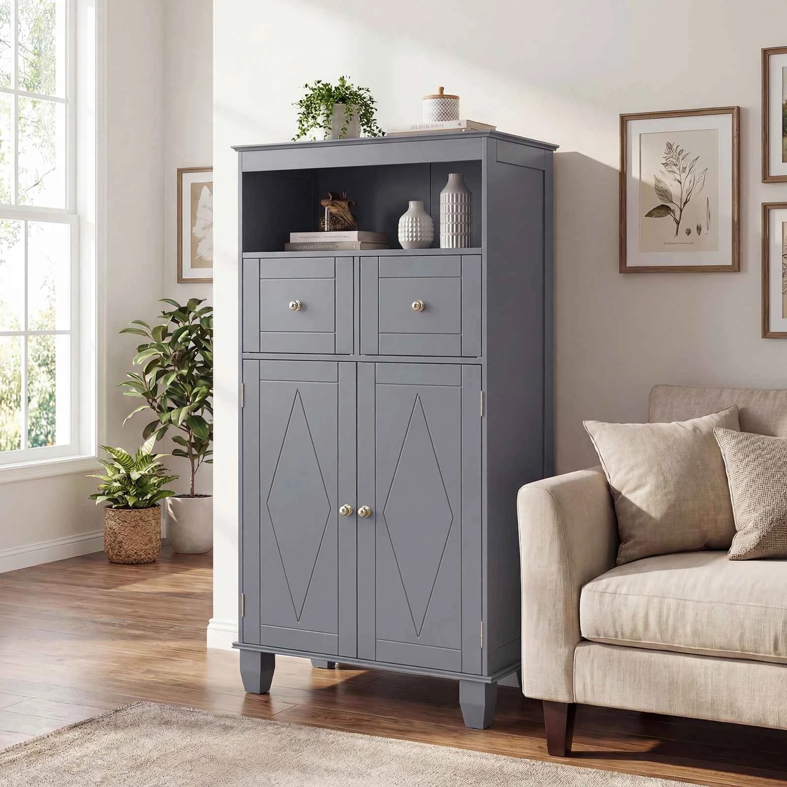 2 Costway Bathroom Floor Cabinet Freestanding Storage Organizer w/2 Drawers, 2 of 4