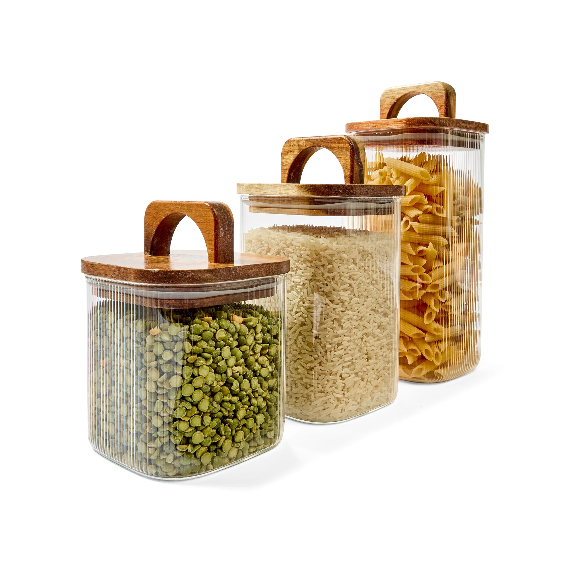 1 Set of 3 Linear Glass Canisters with Acacia Lids, 1 of 7