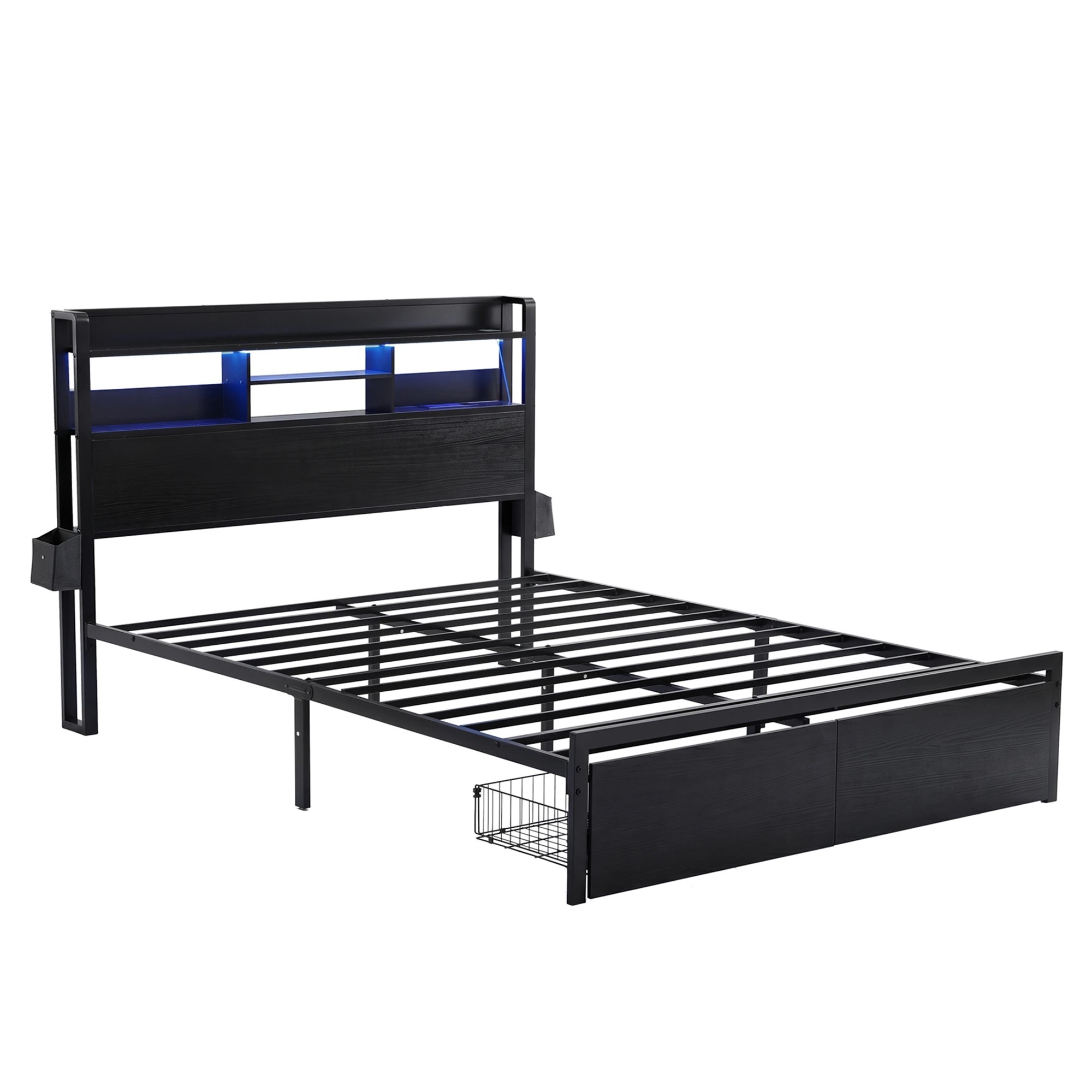 1 Artiss Bed Frame Queen with Charging Station Storage Organizer Drawers LED ZAC - Black, 1 of 8
